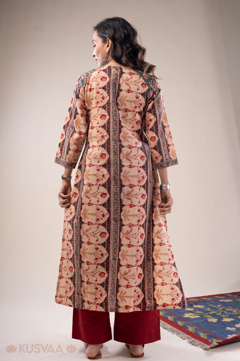 Image for Kusvaa Wkr300 Prita Handblock Cotton A Line Kurta Sitting