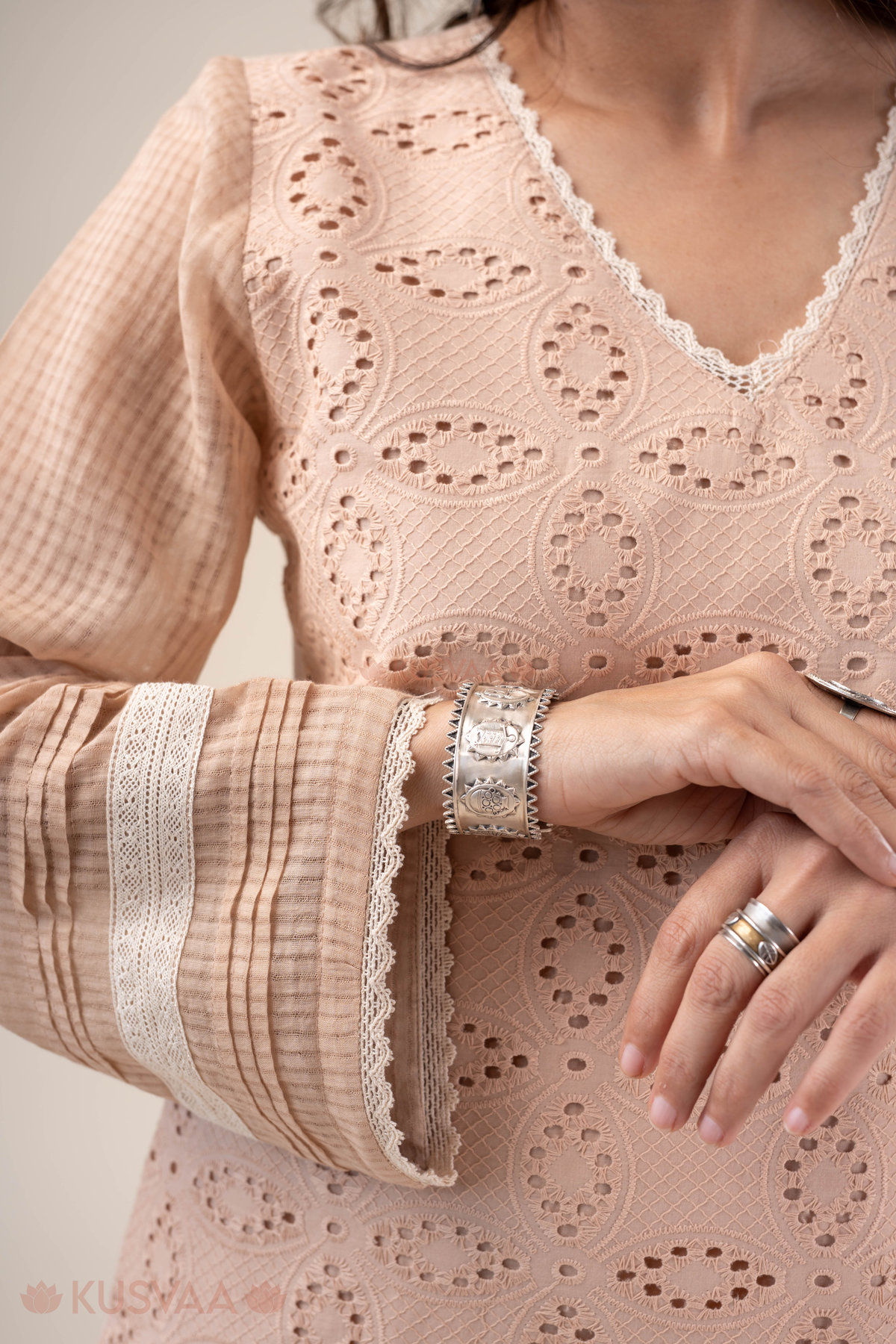 Image for Kusvaa Cood138 Sukanya Cotton Schiffli Kurta Pant Set Closeup