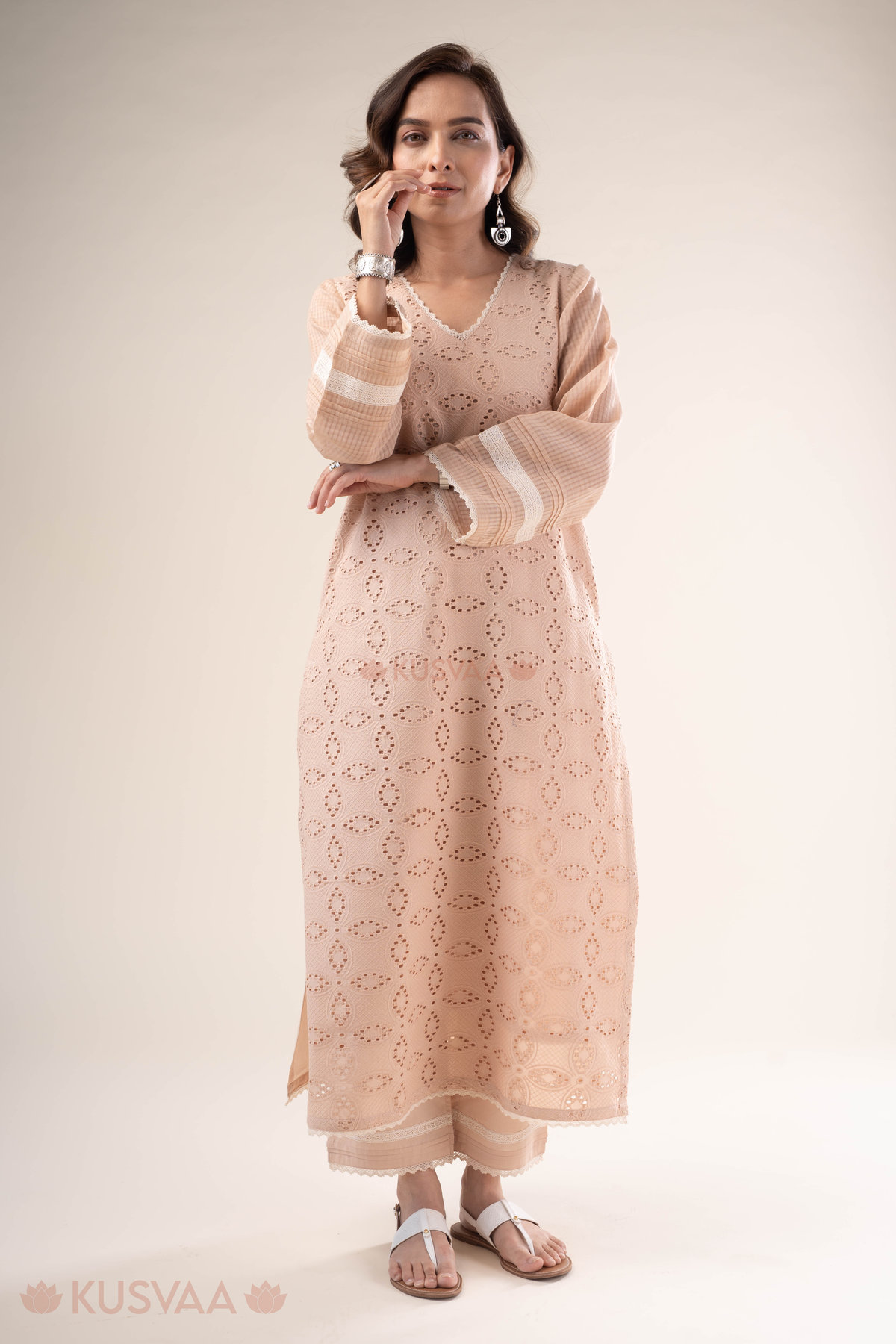 Image for Kusvaa Cood138 Sukanya Cotton Schiffli Kurta Pant Set Pocket