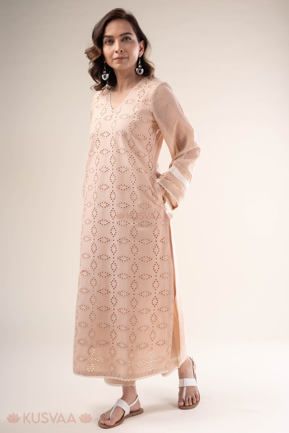 Image for Kusvaa Cood138 Sukanya Cotton Schiffli Kurta Pant Set Side