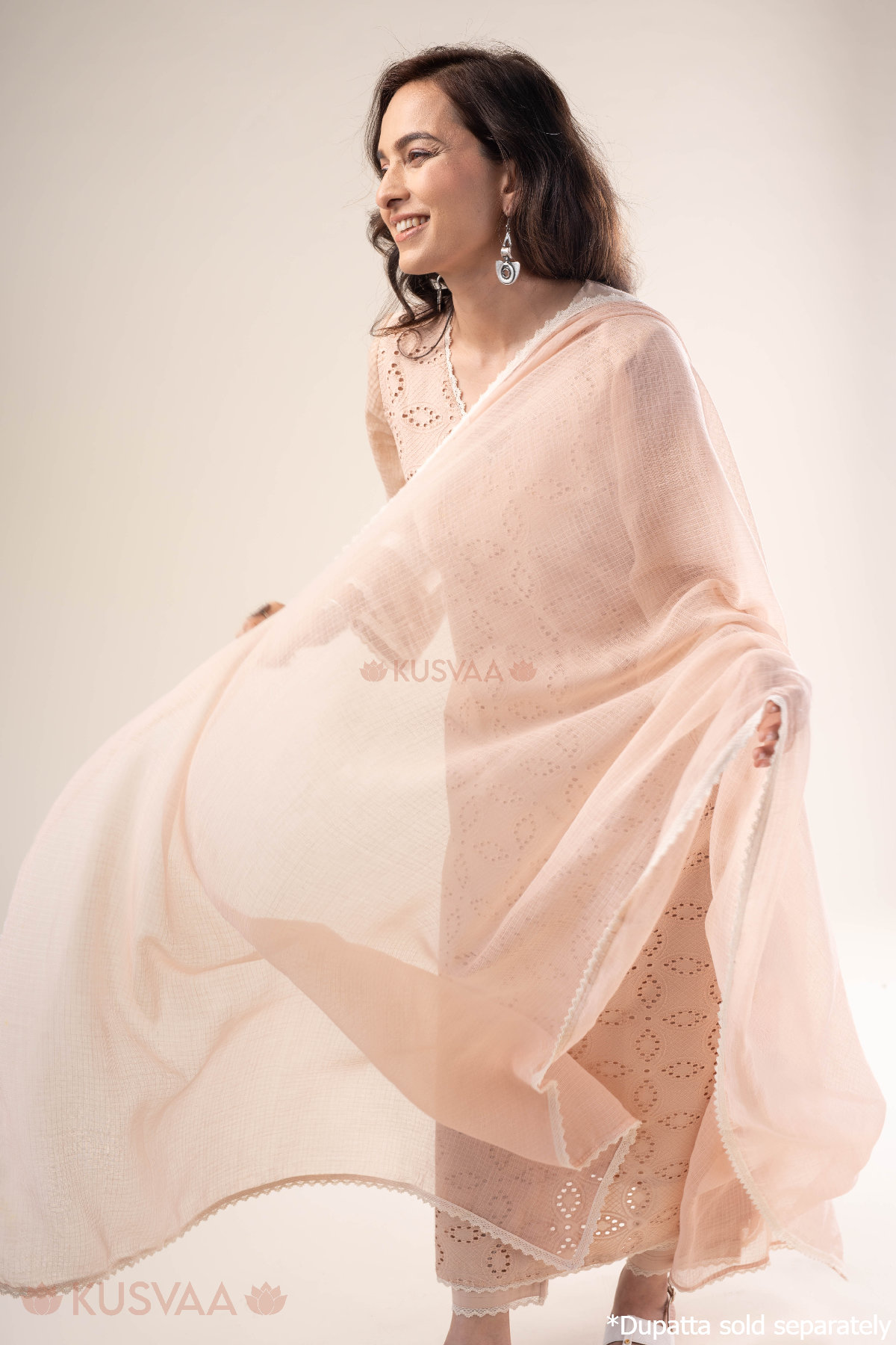 Image for Kusvaa Cood138 Sukanya Cotton Schiffli Kurta Pant Set Sitting