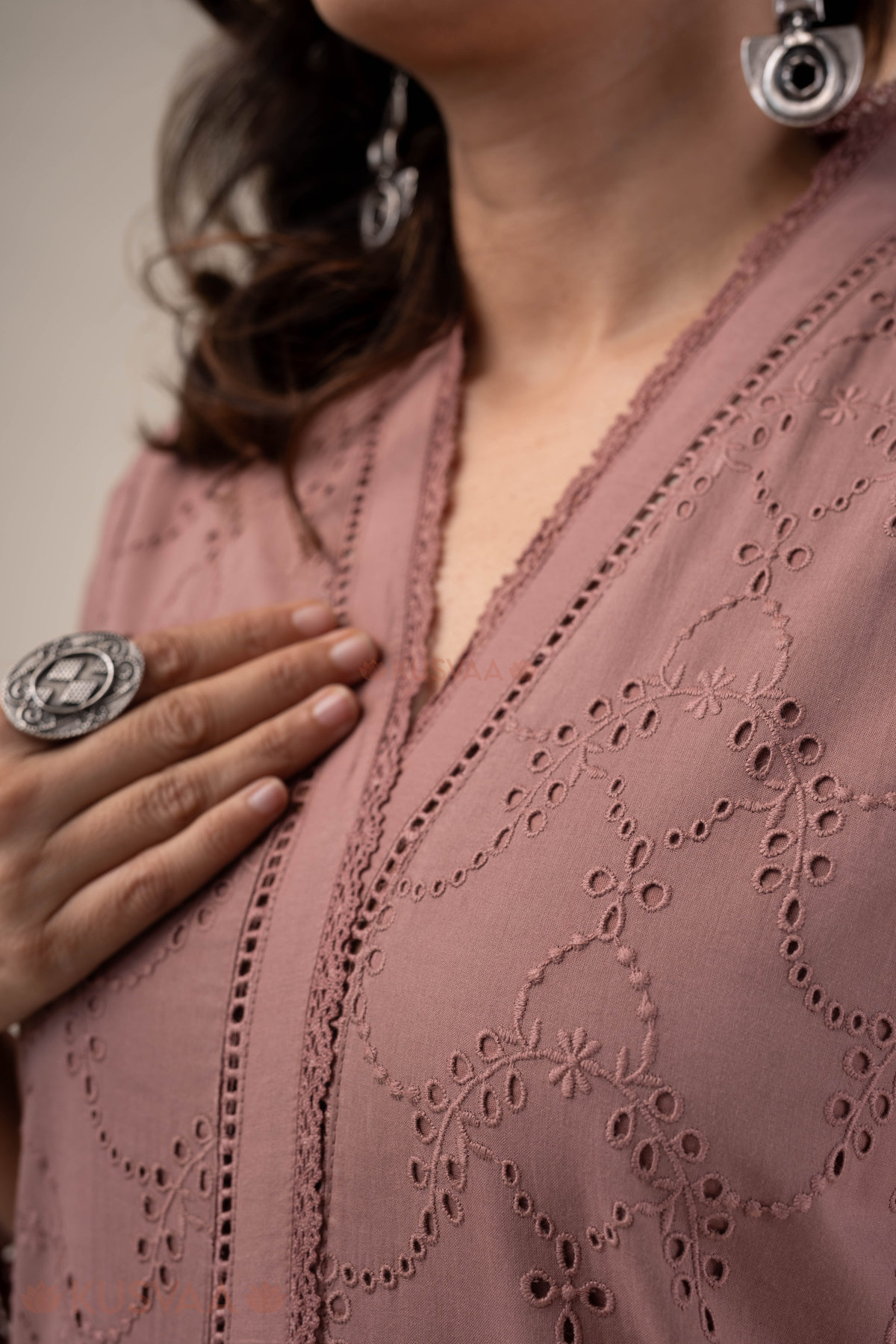 Image for Kusvaa Cood139 Marisha Cotton Schiffili Kurta Pant Set Closeup