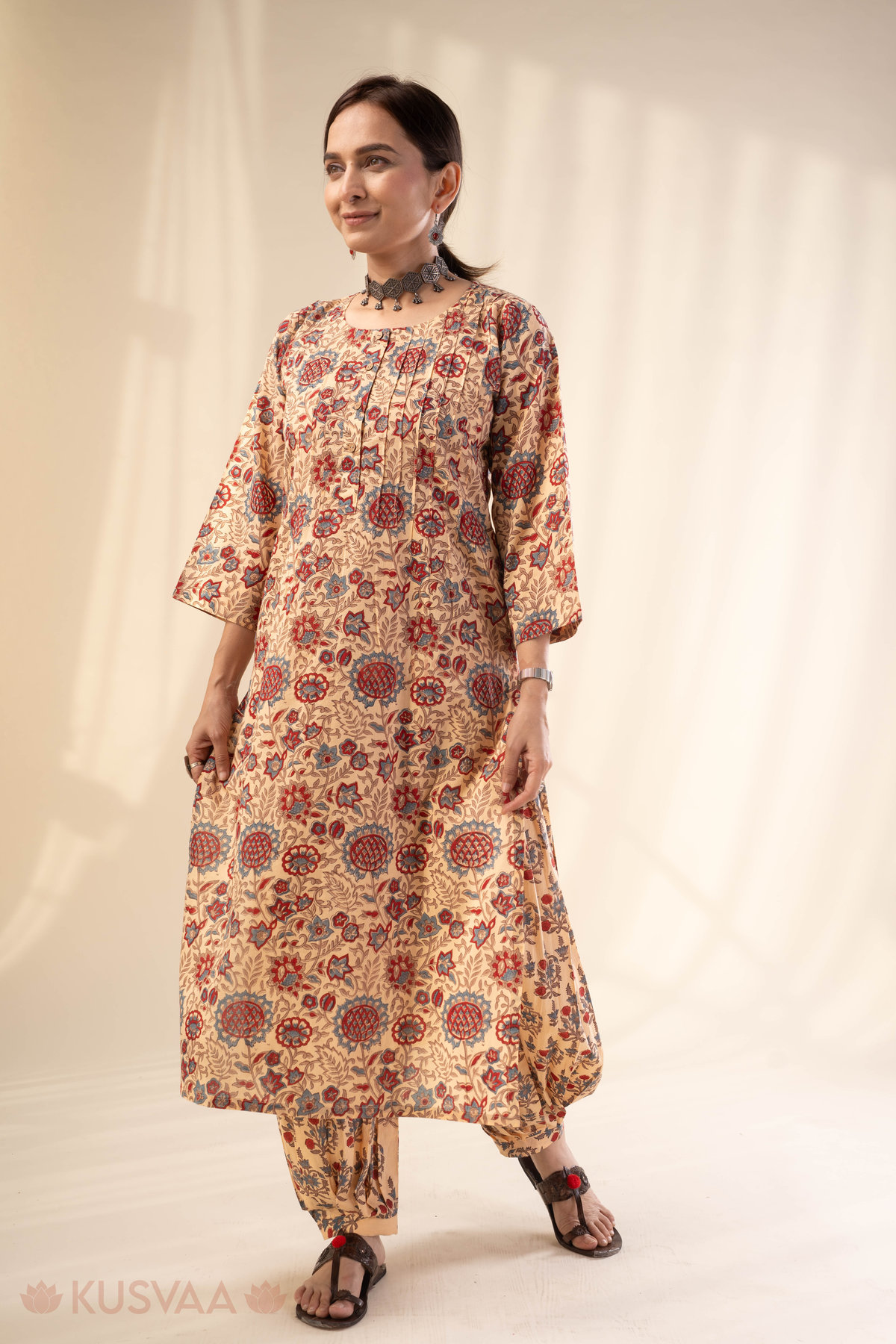 Image for Kusvaa Cood140 Udraka Cotton Handbloock Kurta Pant Set Pocket