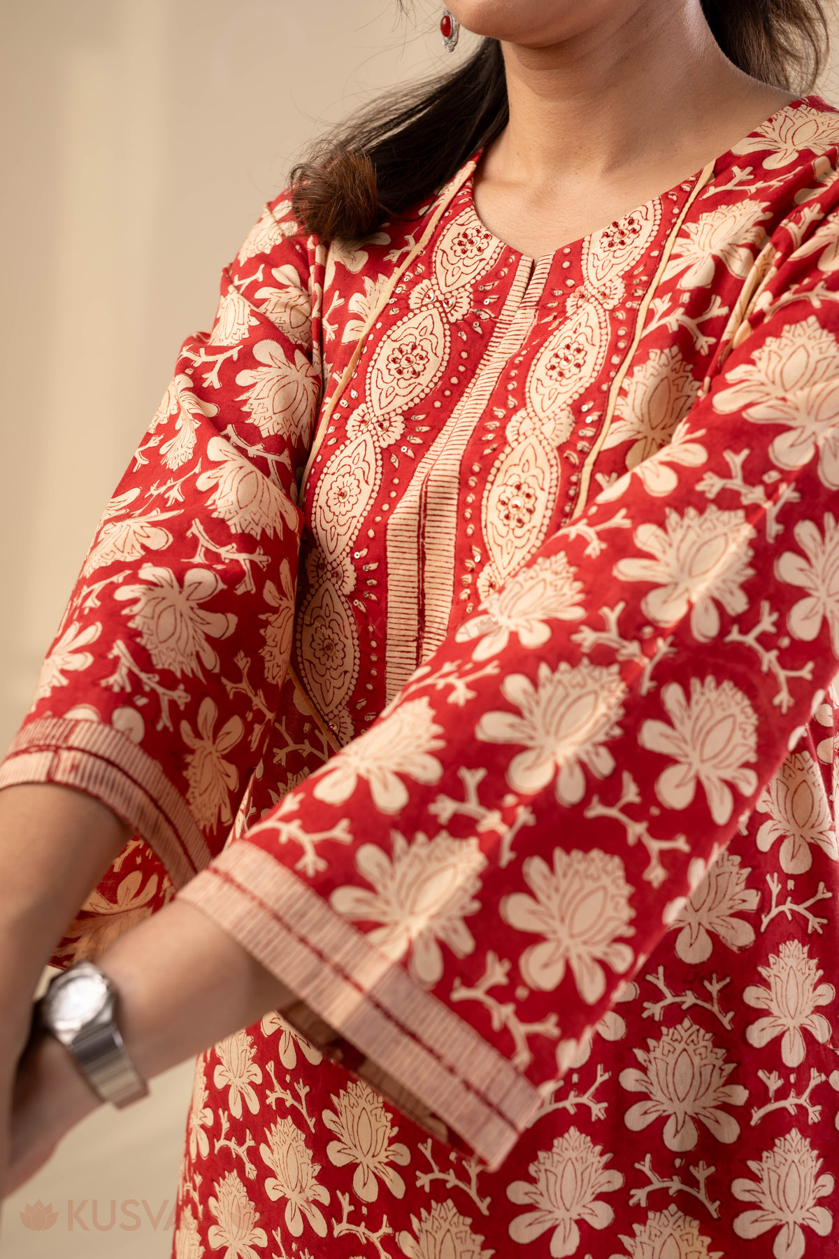 Image for Kusvaa Cood141 Aashika Cotton Handbloock Kurta Pant Set Sleeves New