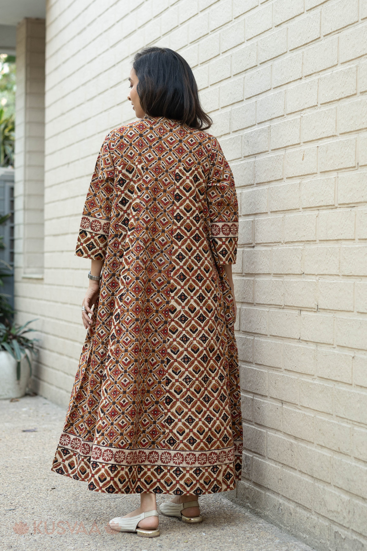 Image for Kusvaa Dr095 Yashasvi Cotton Handblock A Line Dress Sitting