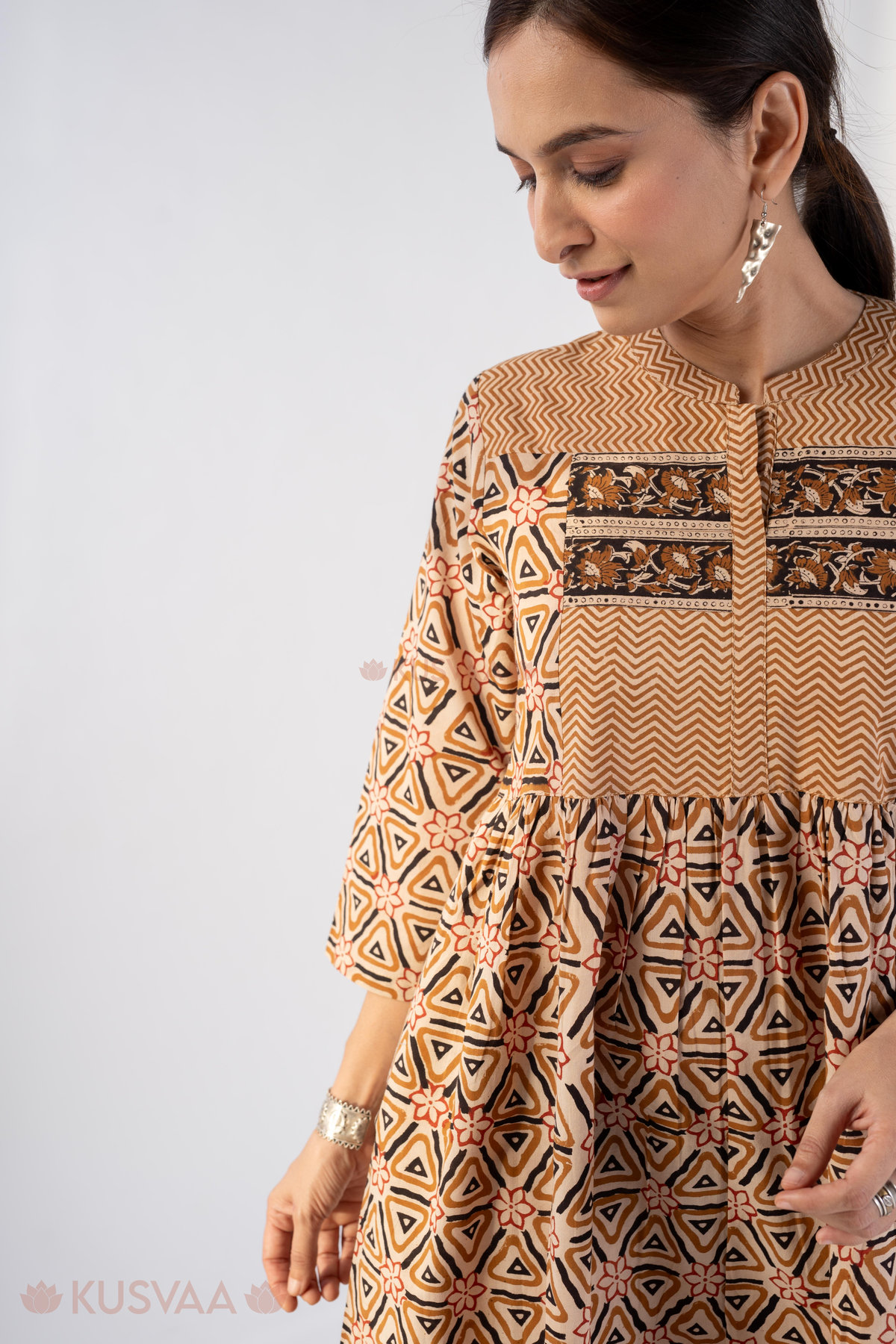 Image for Kusvaa Wkr285 Siya Cotton Handblock A Line Dress Closeup 2 New
