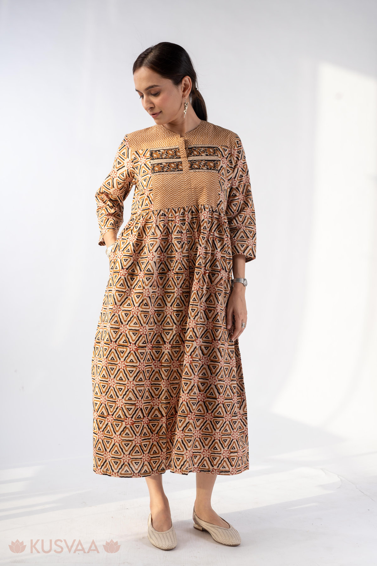Image for Kusvaa Wkr285 Siya Cotton Handblock A Line Dress Front New