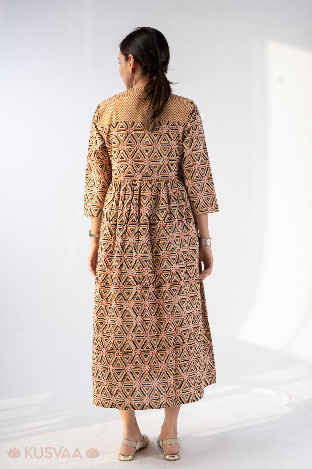 Image for Kusvaa Wkr285 Siya Cotton Handblock A Line Dress Sitting New