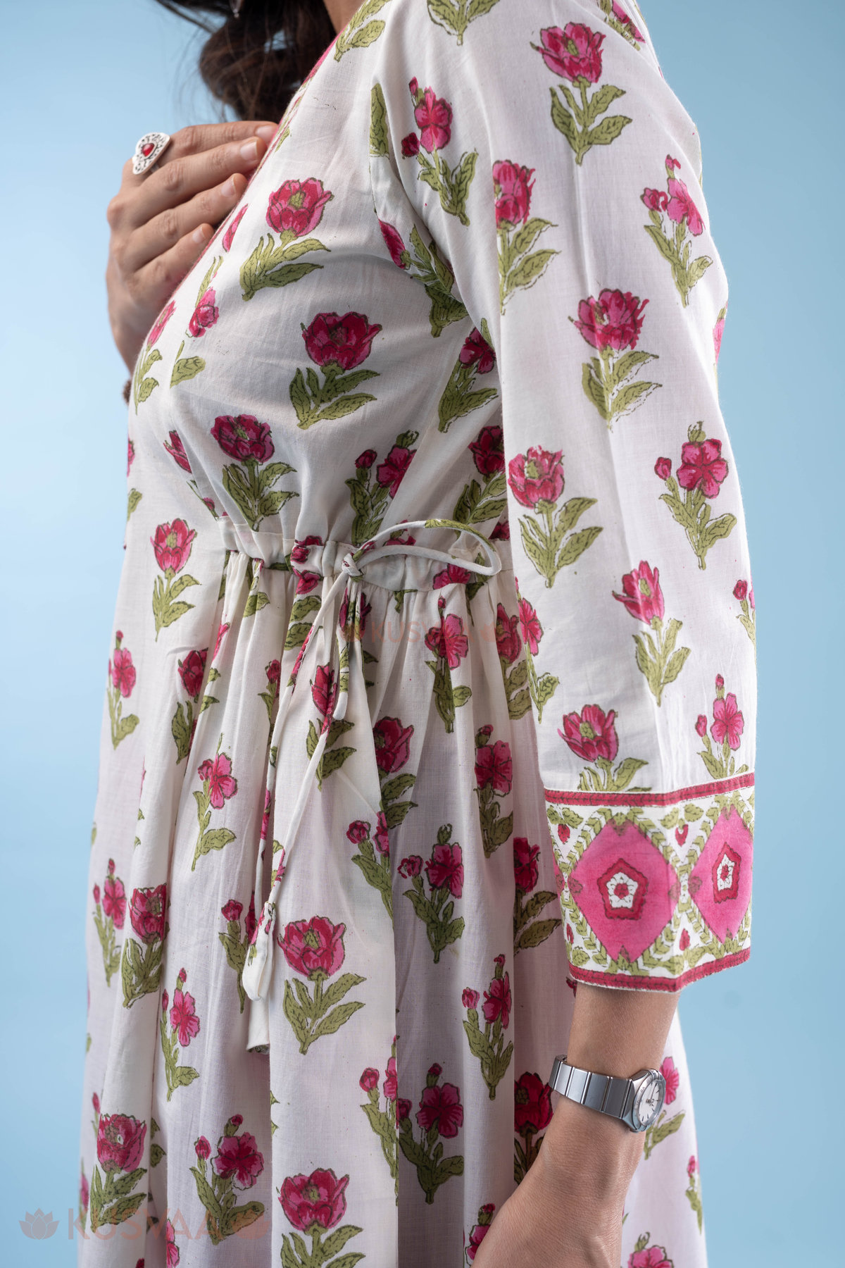 Image for Kusvaa Wkr298 Shaila Cotton Handblock A Line Kurta Closeup 2