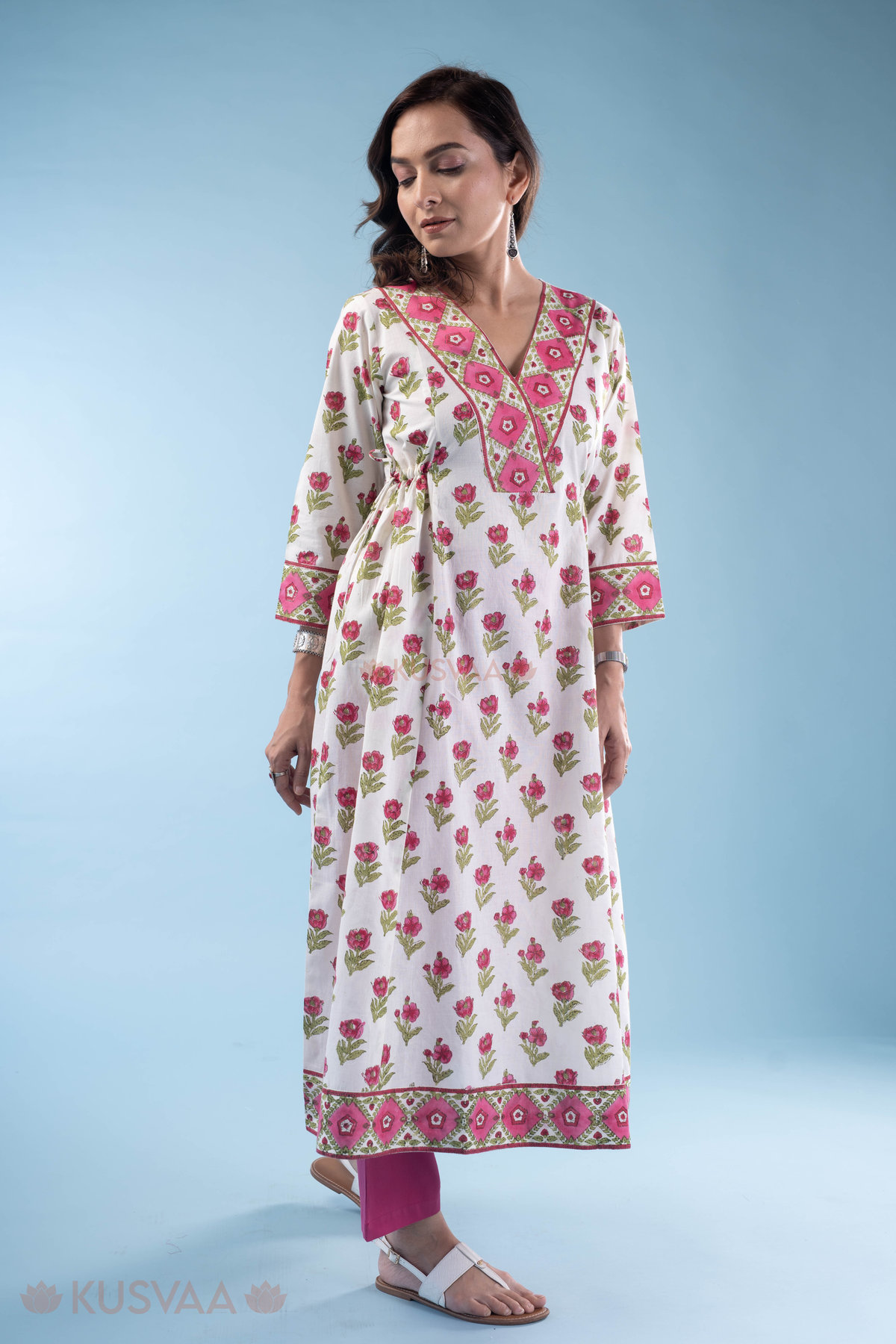 Image for Kusvaa Wkr298 Shaila Cotton Handblock A Line Kurta Pocket
