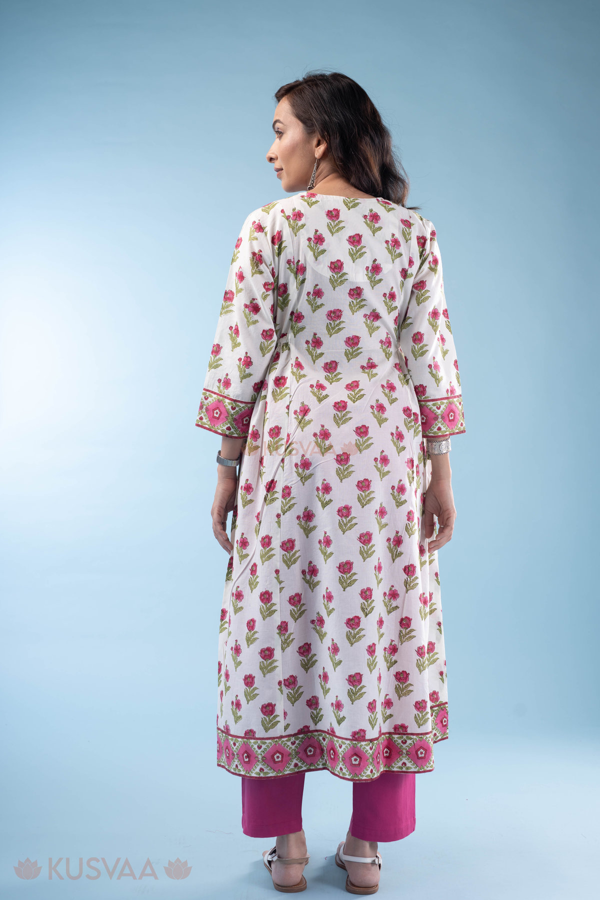 Image for Kusvaa Wkr298 Shaila Cotton Handblock A Line Kurta Sitting