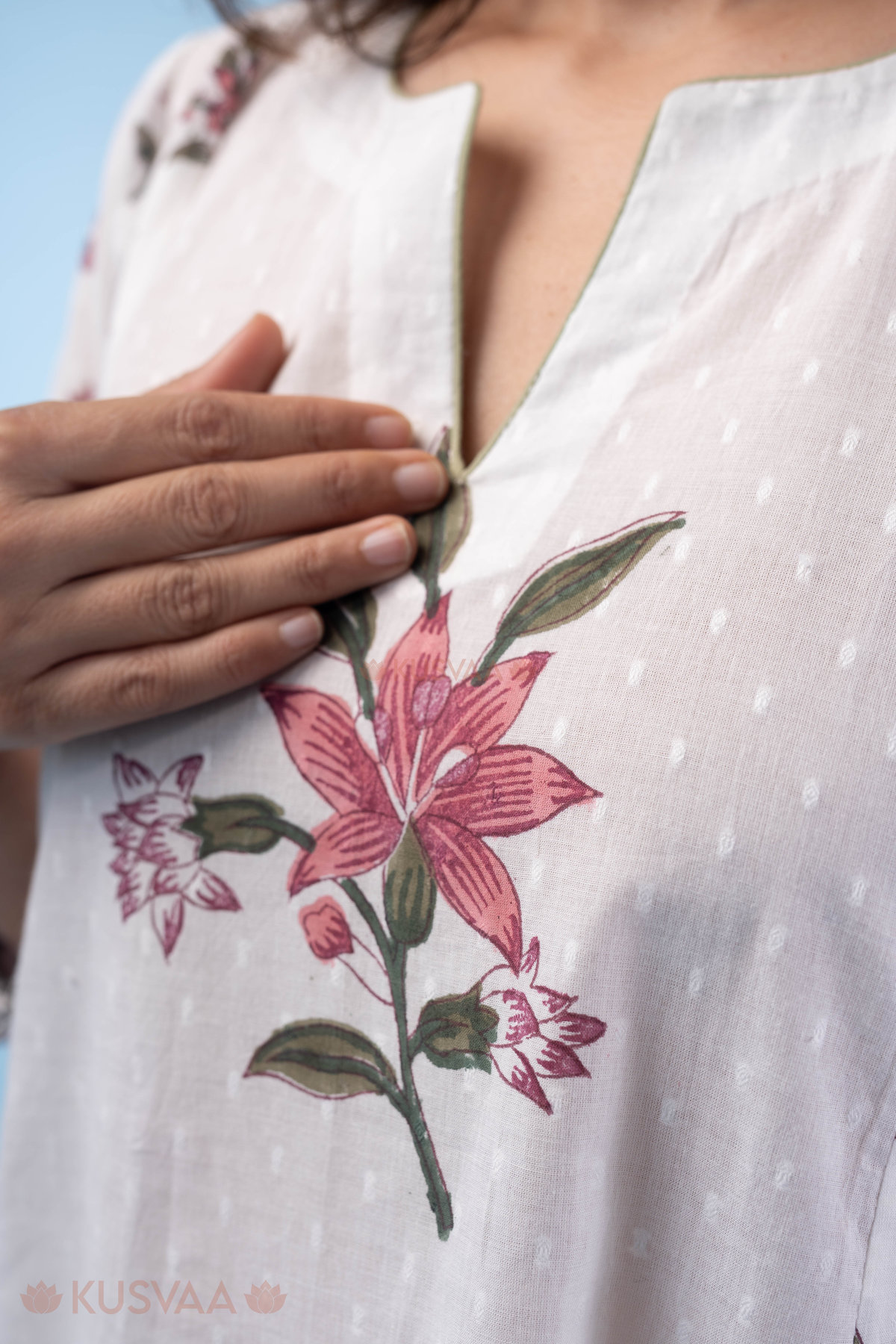 Image for Kusvaa Wkr308 Malati Handblock Cotton A Line Kurta Closeup 2