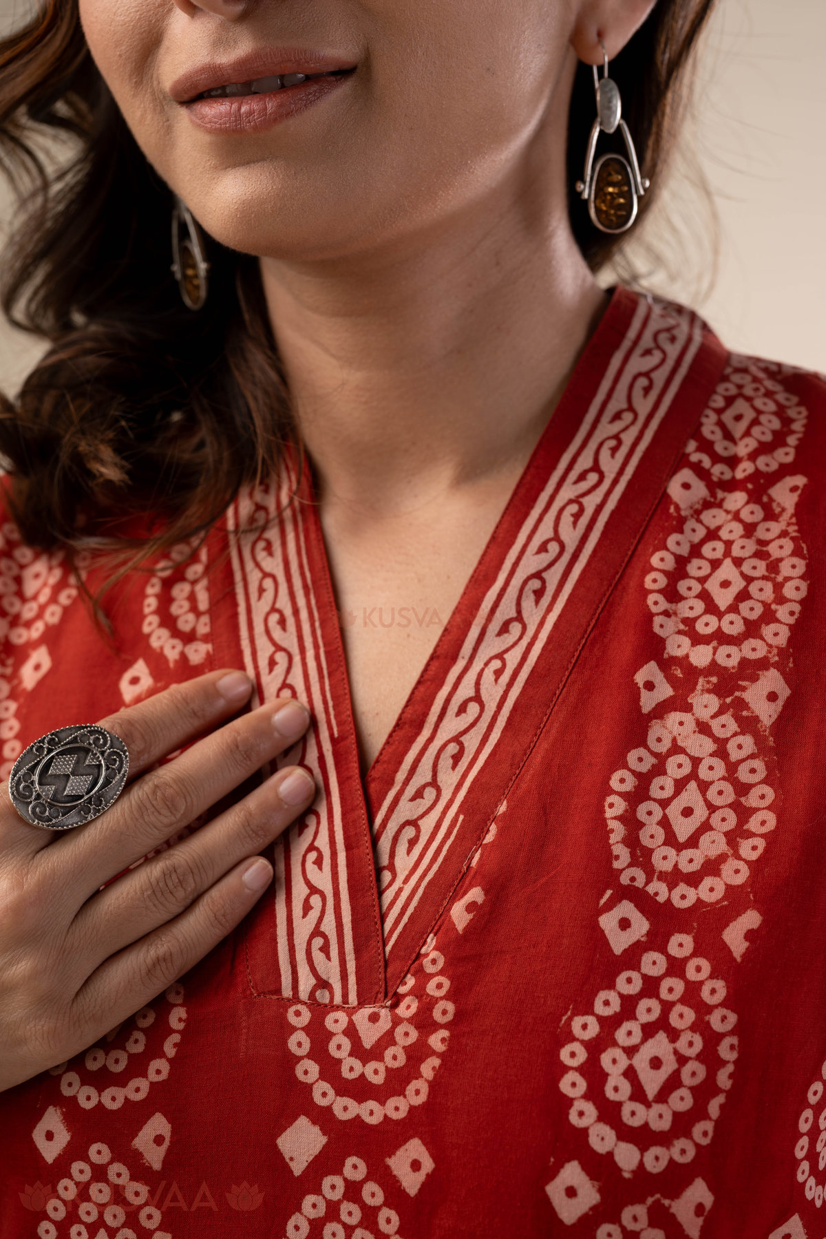 Image for Kusvaa Wkr319 Kiran Cotton Handblock Kurta Closeup