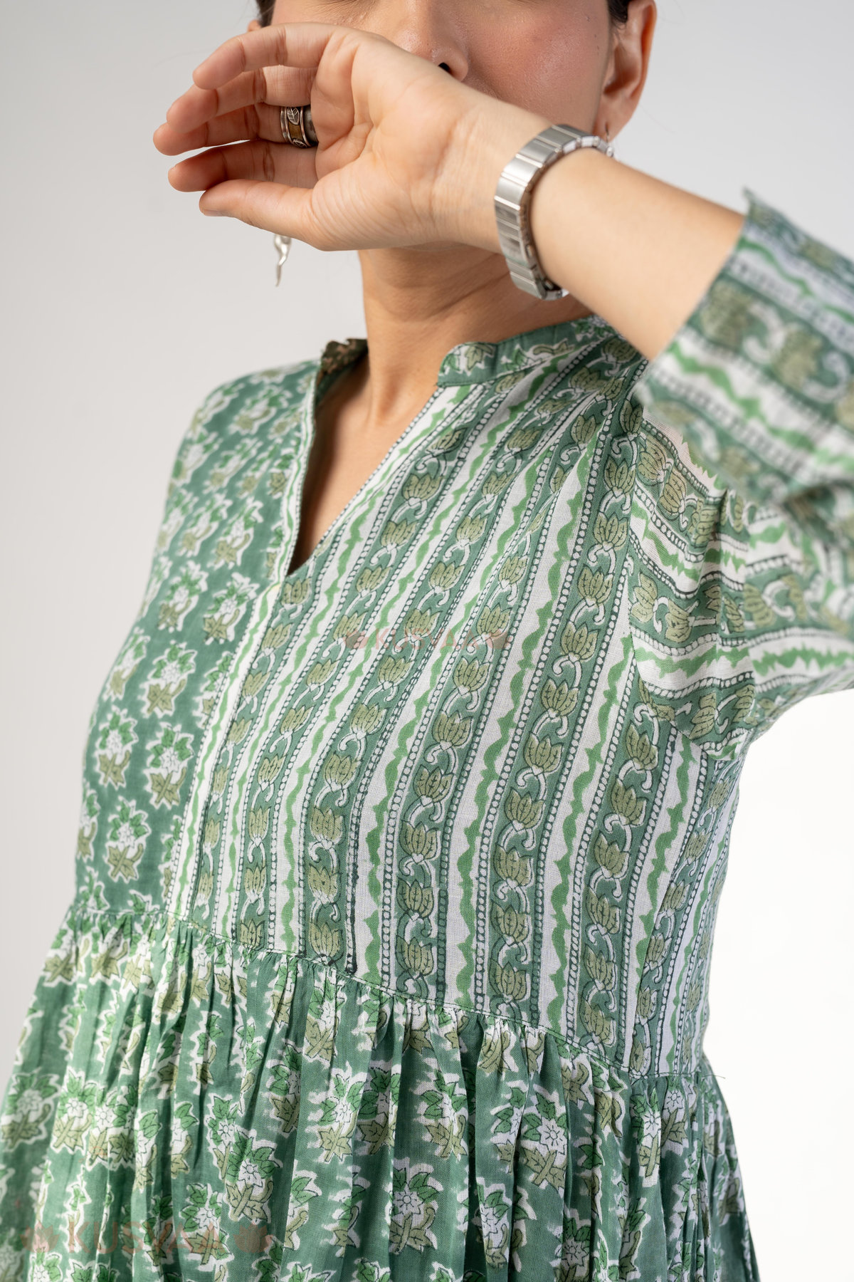 Image for Kusvaa Dr101 Svaksi Handblok Cotton A Line Dress Closeup