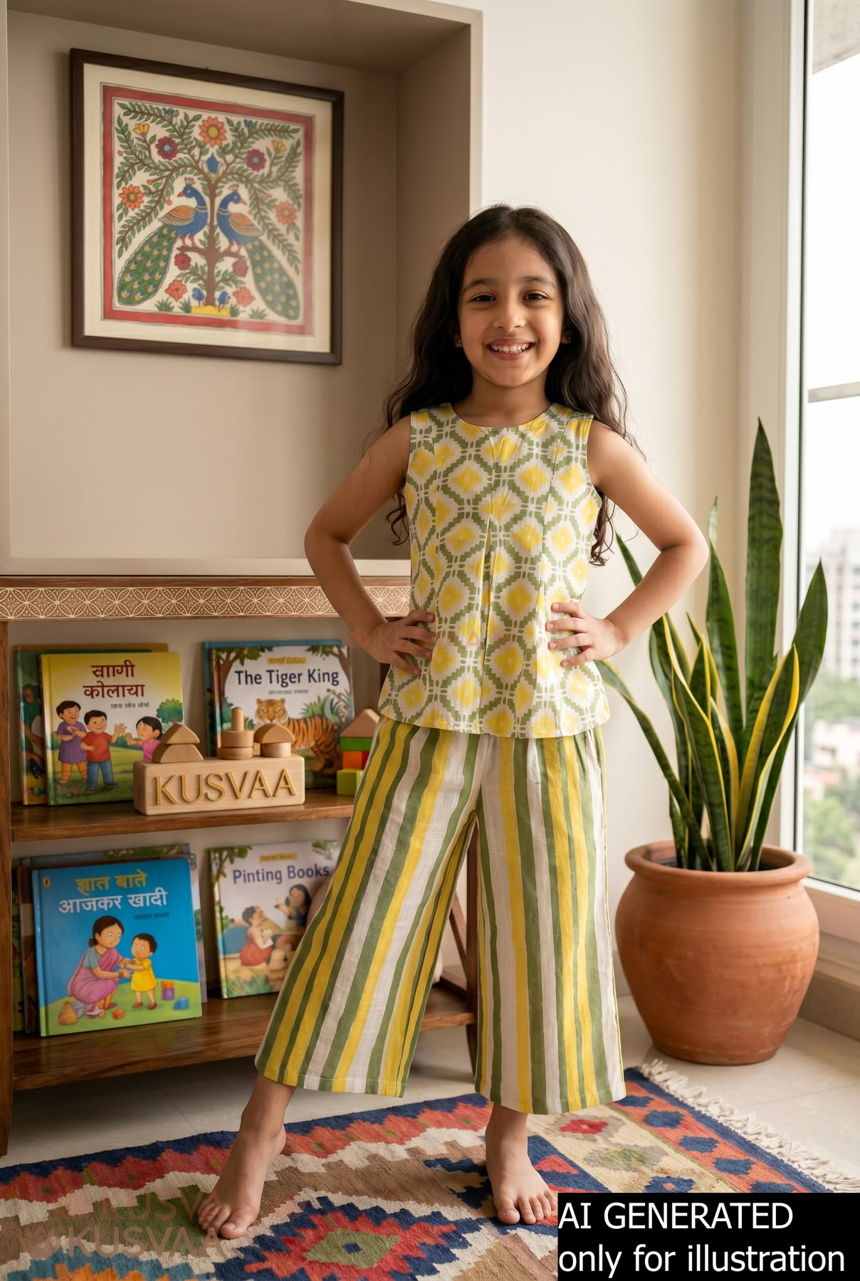 Image for Kusvaa Grw138 Devanshi Kids Handblock Green And Yellow Cotton Co Ord Set Closeup Ai
