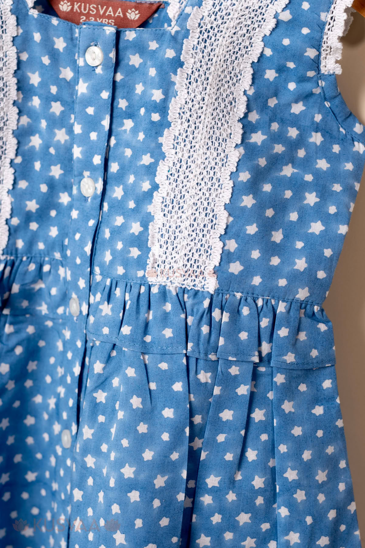 Image for Kusvaa Grw140 Oviya Kids Blue Cotton Dress Closeup