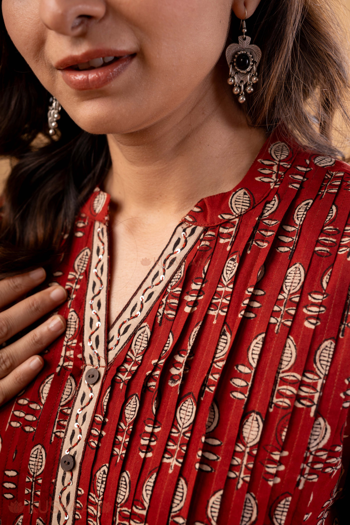 Image for Kusvaa Wkr325 Zara Cotton Handblock Kurta Closeup