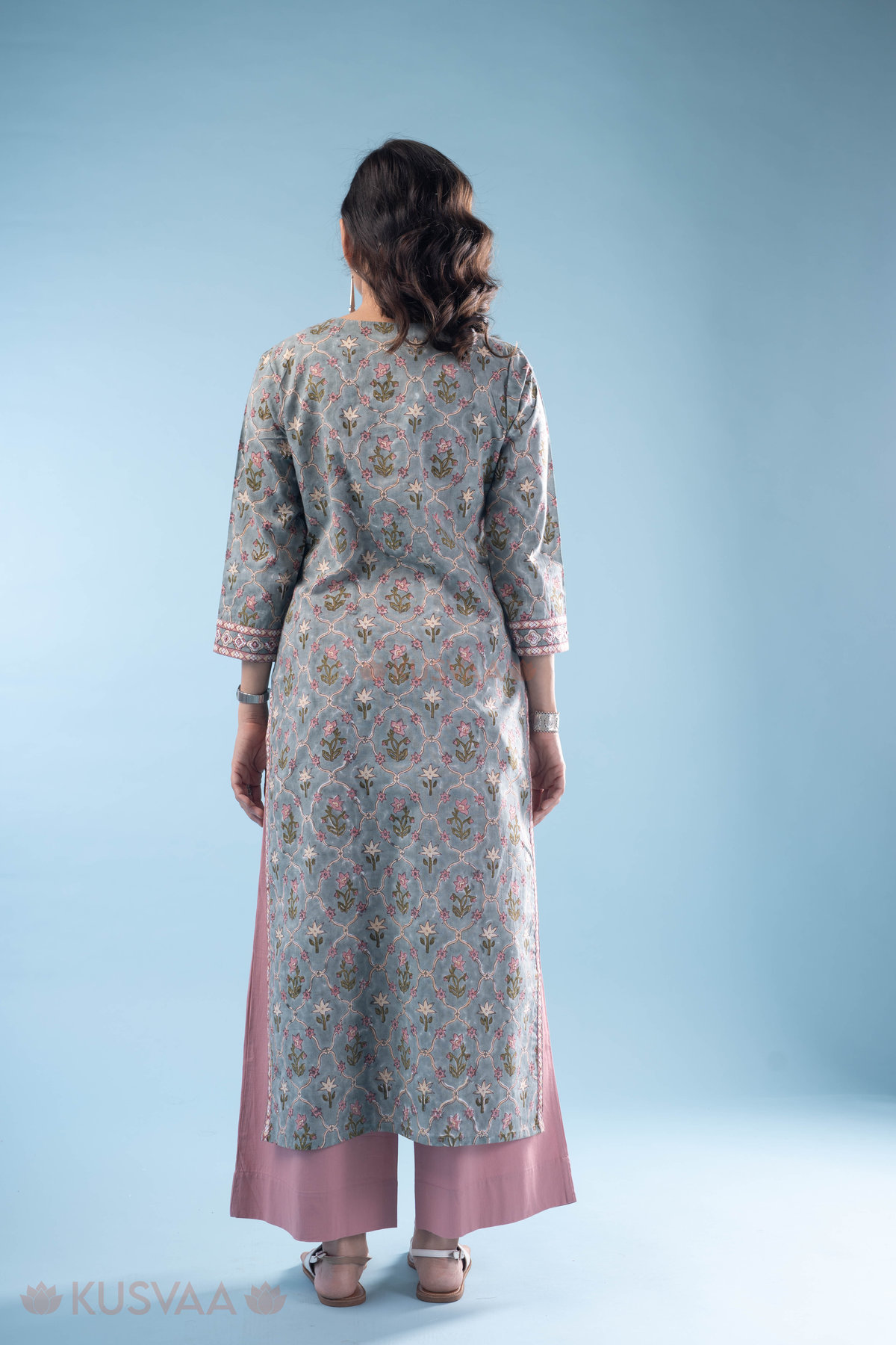 Image for Kusvaa Wkr326 Ishi Cotton Handblock Straight Kurta Back