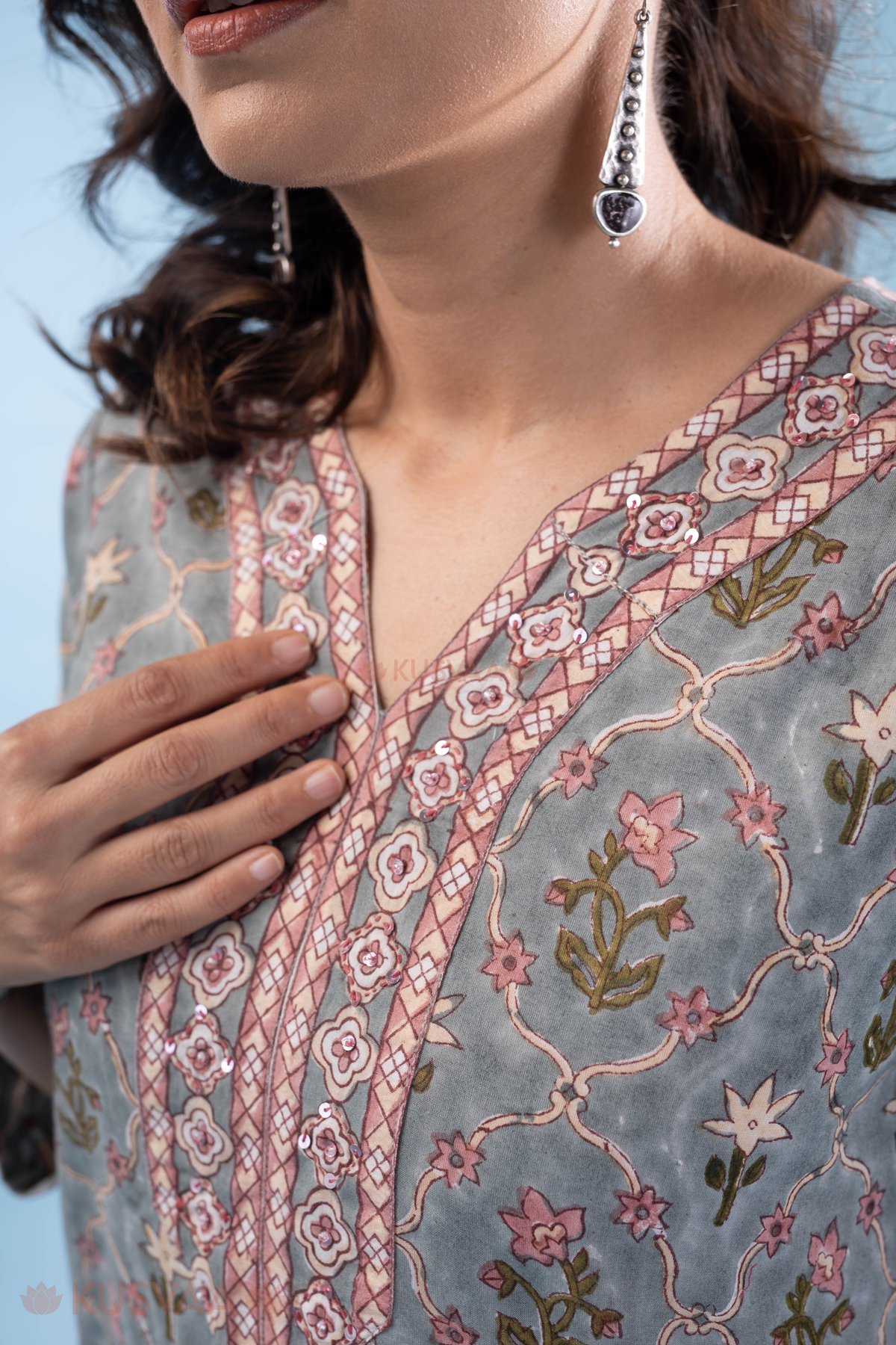 Image for Kusvaa Wkr326 Ishi Cotton Handblock Straight Kurta Closeup