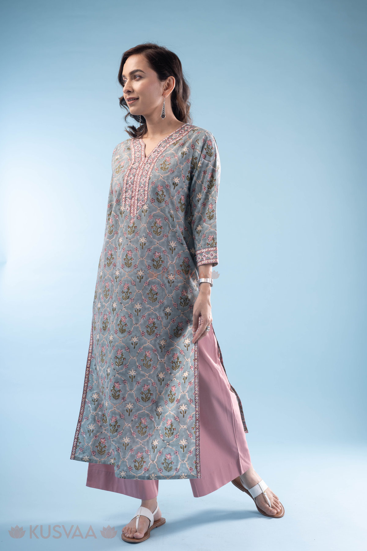 Image for Kusvaa Wkr326 Ishi Cotton Handblock Straight Kurta Pattern