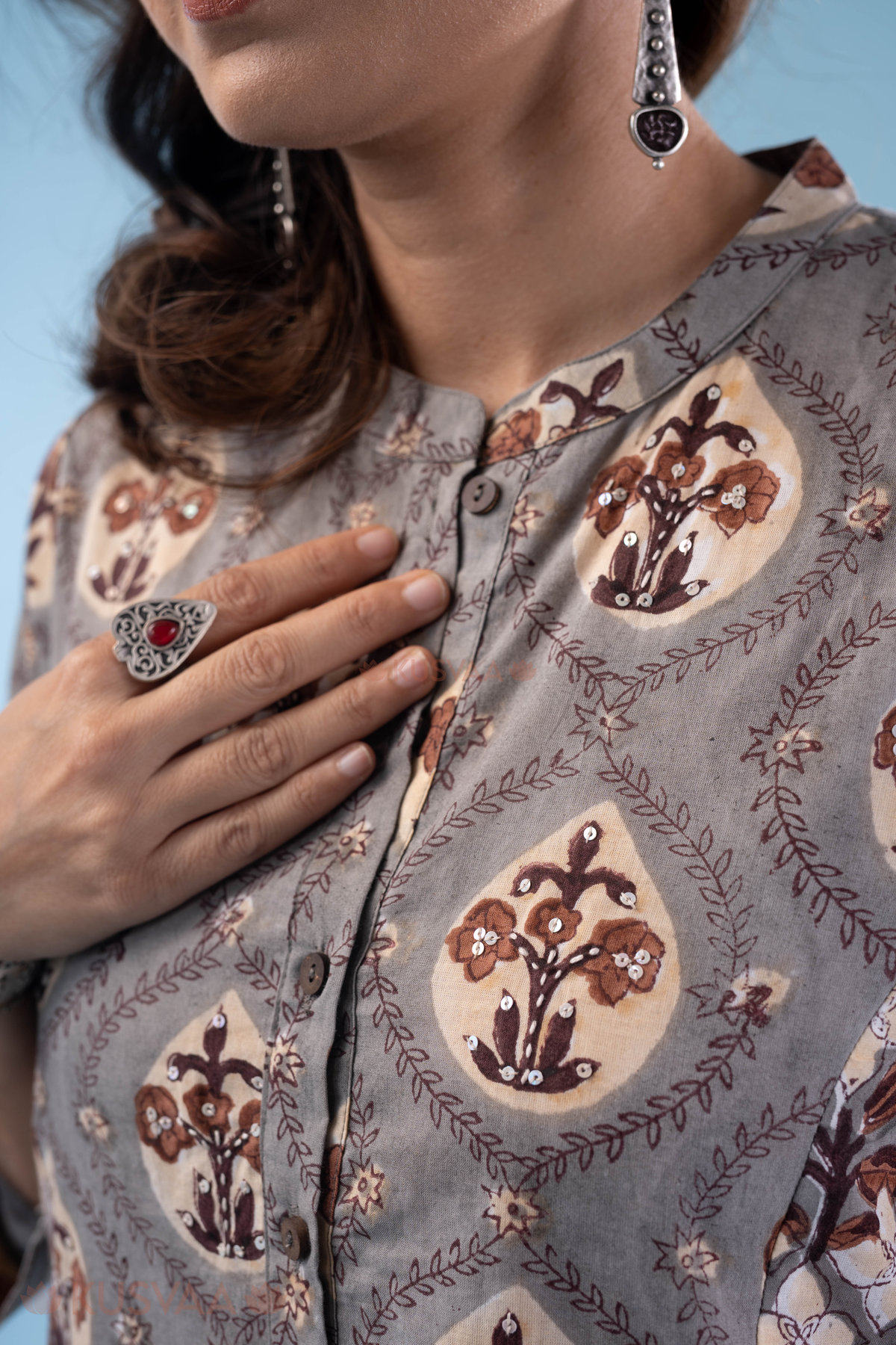 Image for Kusvaa Wkr327 Iva Cotton Handblock Straight Kurta Closeup