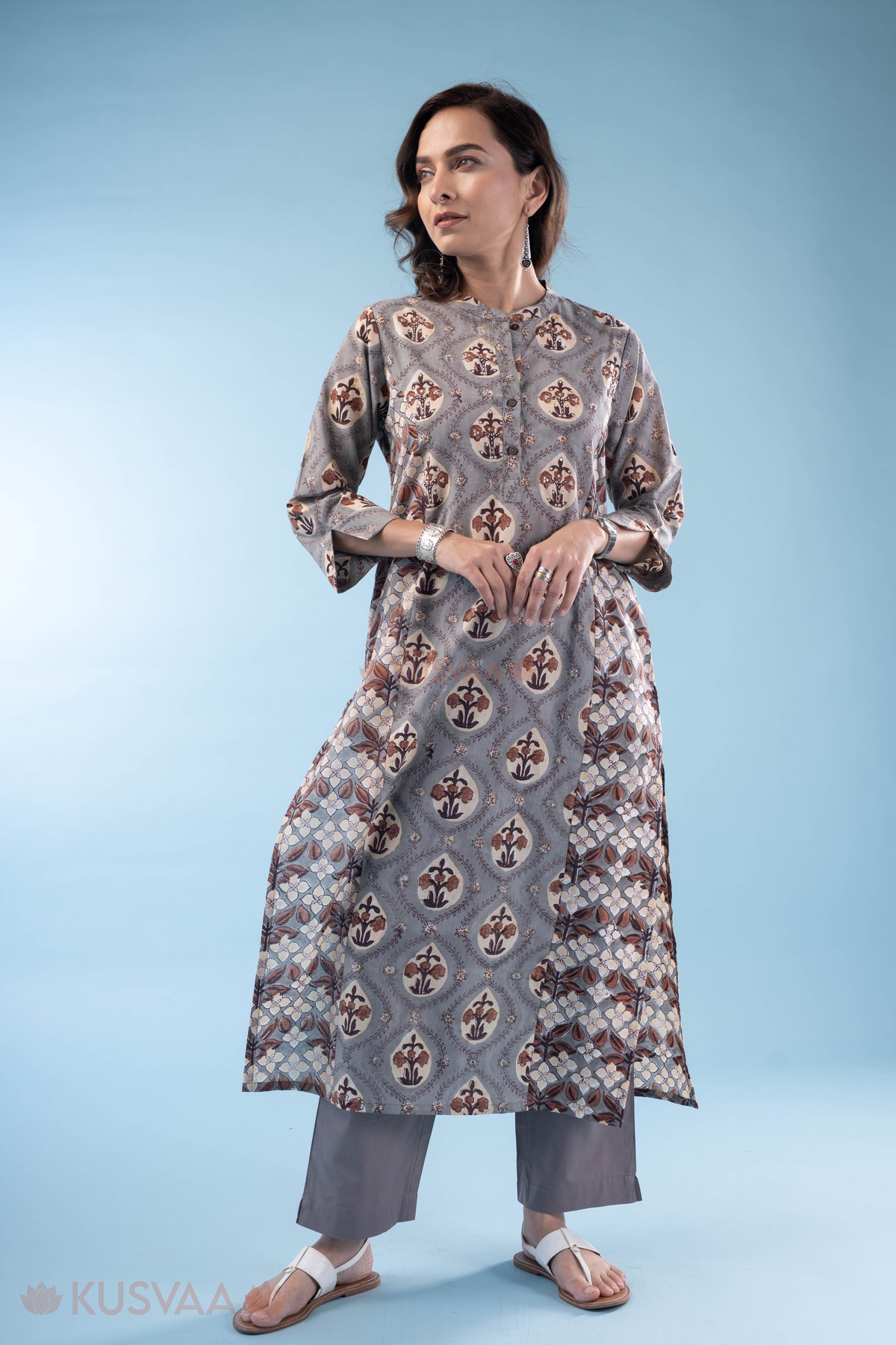 Image for Kusvaa Wkr327 Iva Cotton Handblock Straight Kurta Front