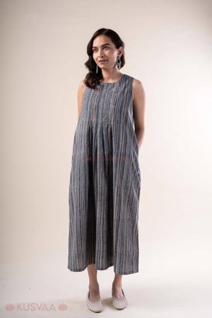 Image for Kusvaa Dr103 Shreya Ajrakh Cotton A Line Grey Dress Front.jpg