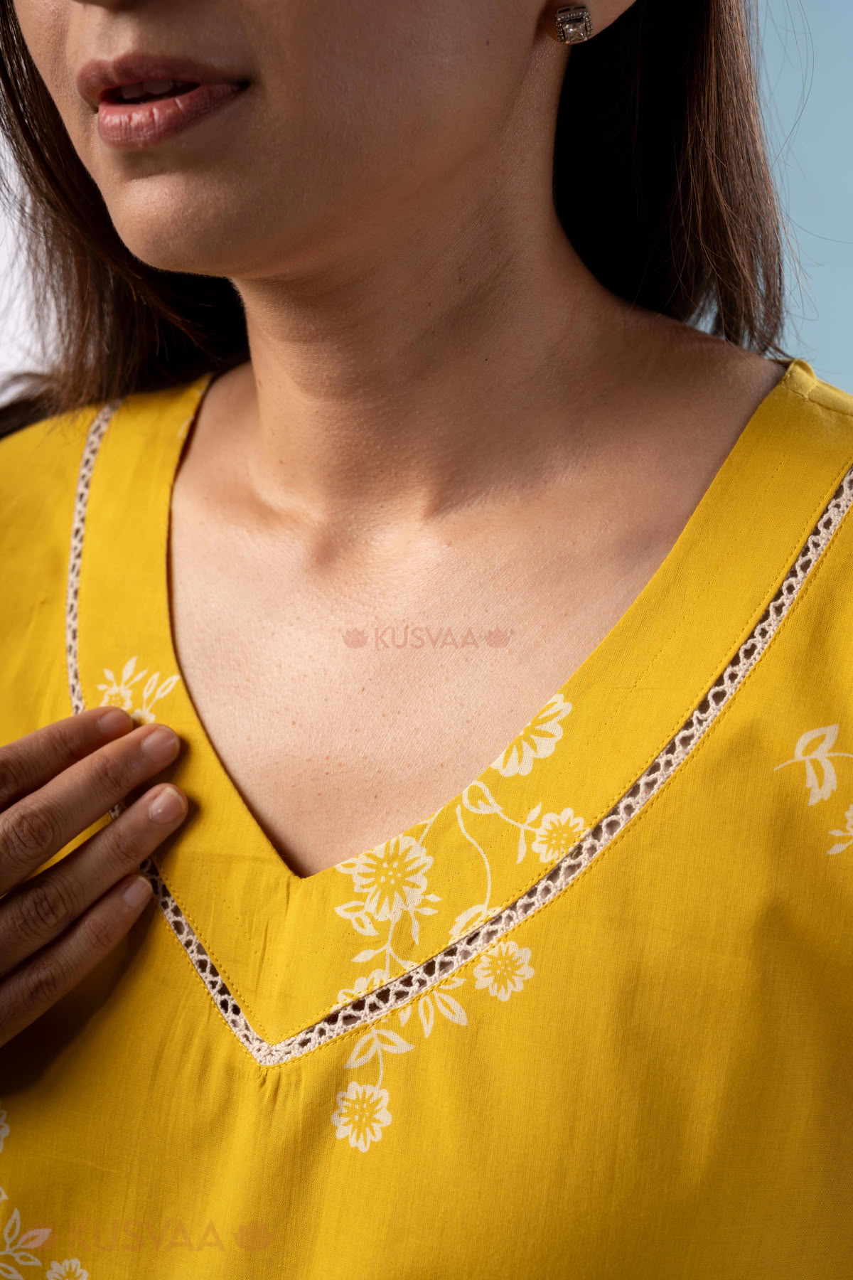 Image for Kusvaa Lwj011 Mira Cotton Yellow Night Suit Set Closeup