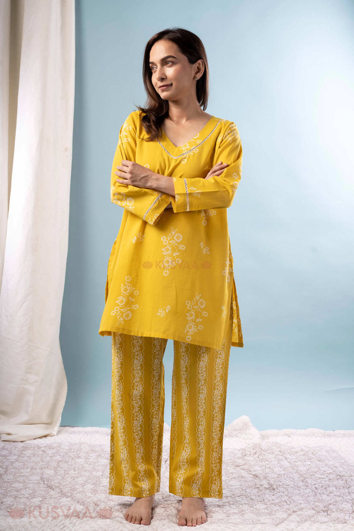 Image for Kusvaa Lwj011 Mira Cotton Yellow Night Suit Set Front
