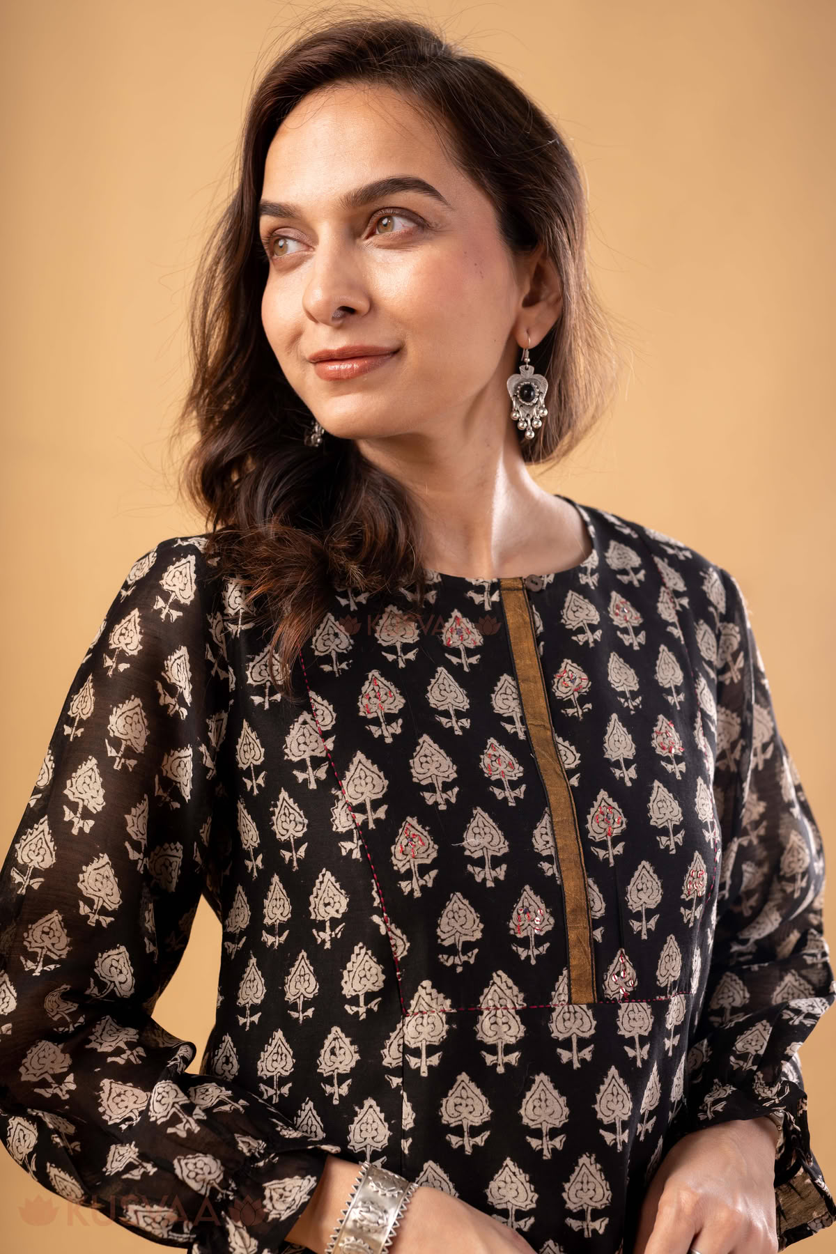 Image for Kusvaa Shk078 Urvi Chanderi Black Handblock Short Kurti Featured