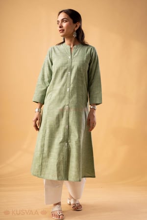 Image for Kusvaa Wkr344 Idika Handloom Cotton Green A Line Kurta Front.jpg