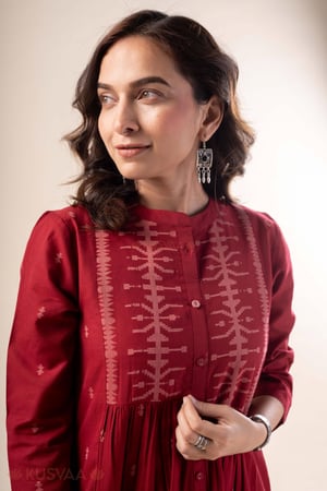 Image for Kusvaa Wkr346 Ahana Handloom Cotton Red A Line Kurta Featured.jpg