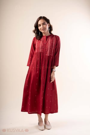 Image for Kusvaa Wkr346 Ahana Handloom Cotton Red A Line Kurta Front.jpg