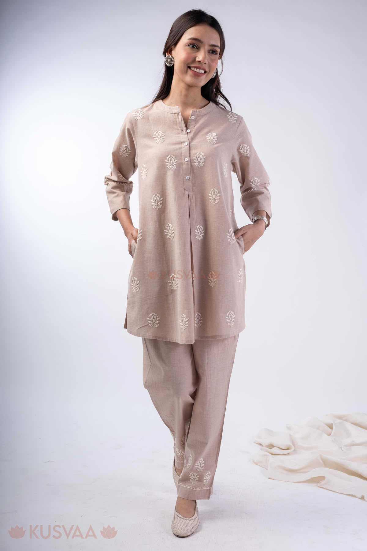 Image for Kusvaa Cood153 Vanya Nagari Handloom Beige Co Ord Set Pocket