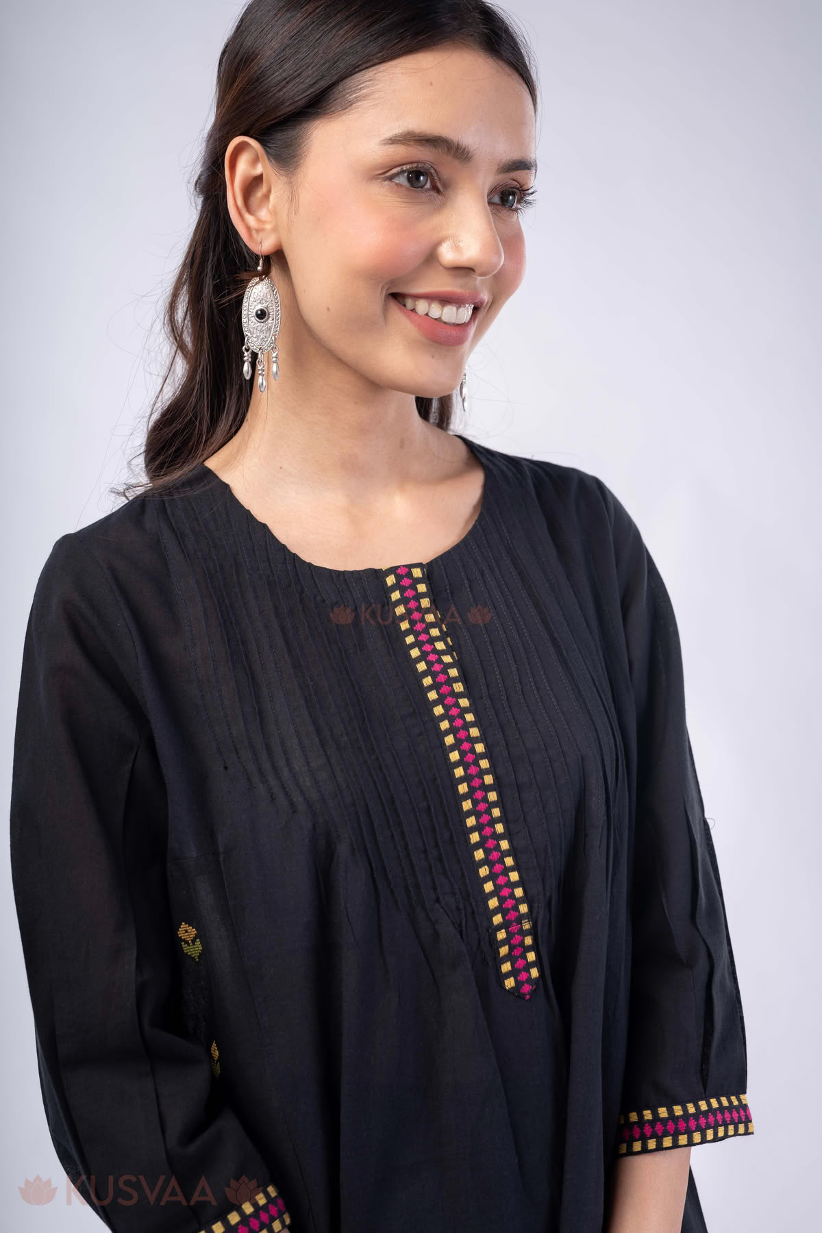 Image for Kusvaa Cood159 Anika Handloom Cotton Black Kurta Pant Set Featured