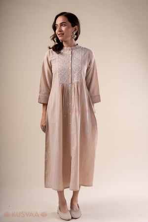Image for Kusvaa Dr102 Kriti Nagari Handloom Beige Dress Front