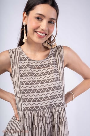 Image for Kusvaa Dr104 Esha Handblock Cotton Grey Dress Featured