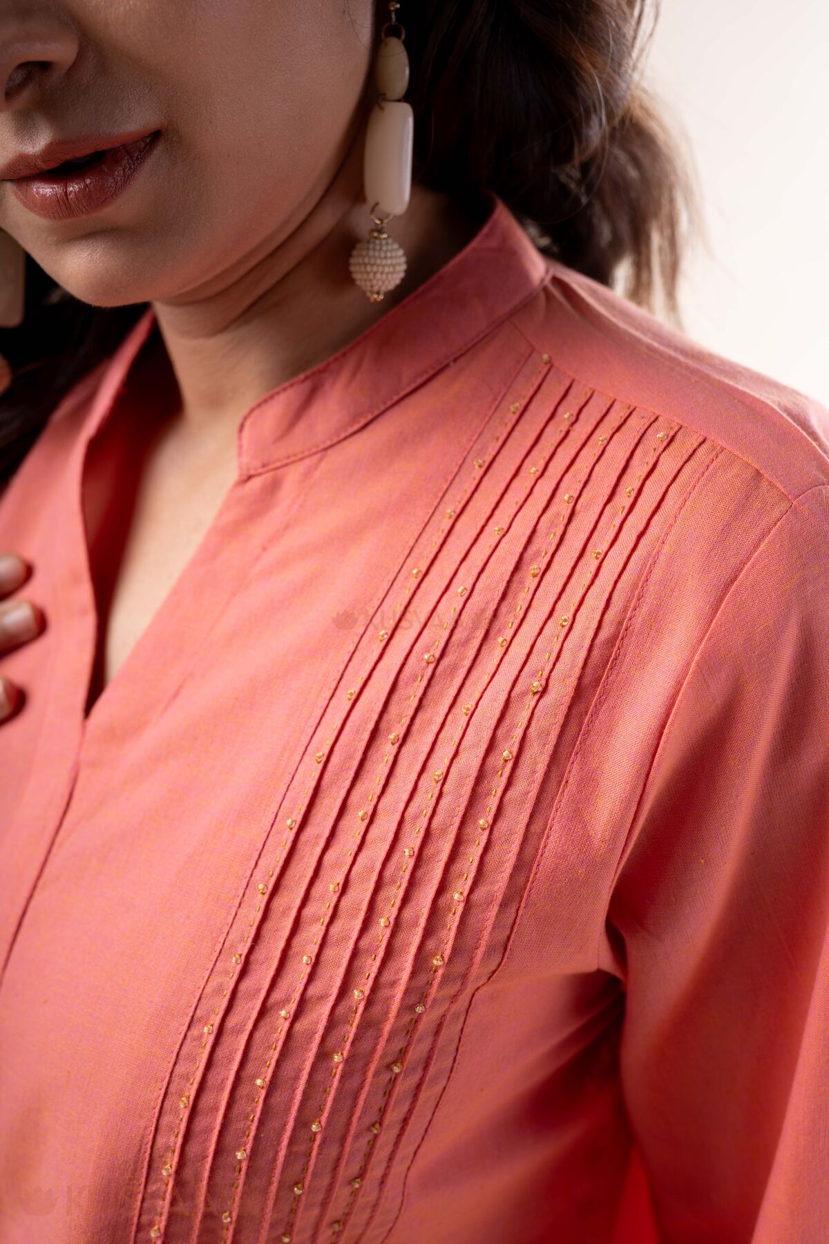 Image for Kusvaa Dr105 Falguni Cotton Pink Semi A Line Dress Closeup