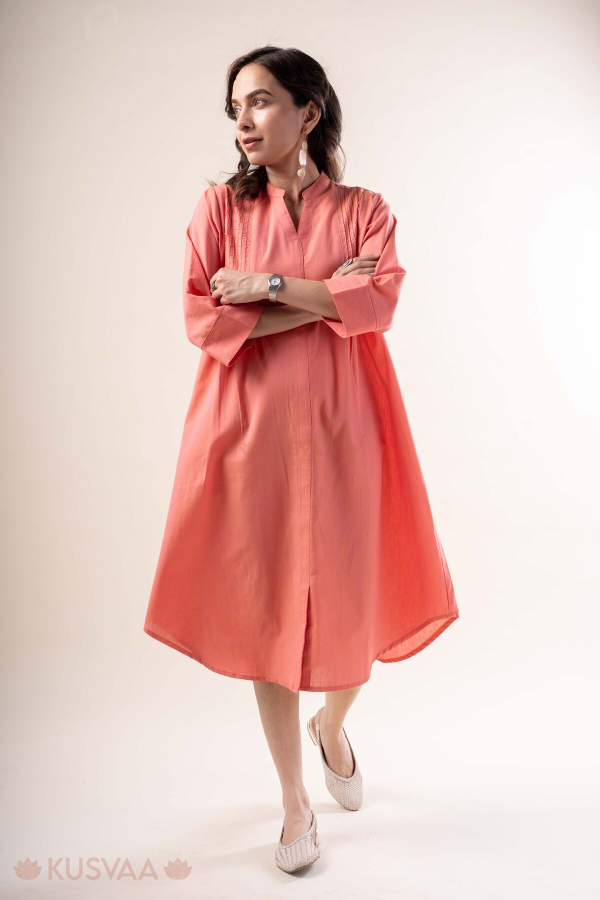 Image for Kusvaa Dr105 Falguni Cotton Pink Semi A Line Dress Walk