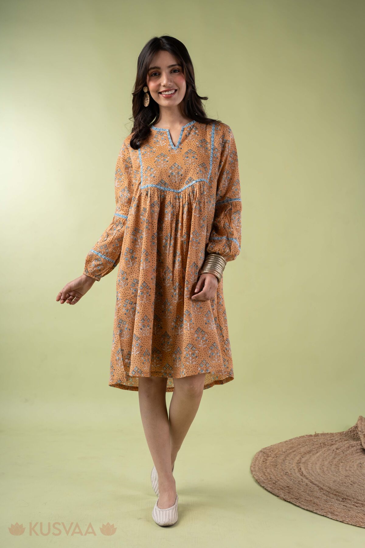 Image for Kusvaa Dr111 Vanita Orange Mulmul Dress Front