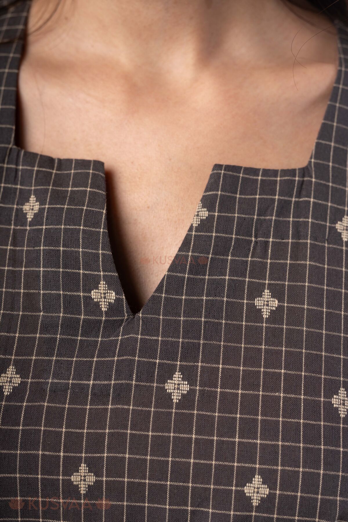 Image for Kusvaa Dr120 Kamini Handloom Cotton Brown Dress Closeup