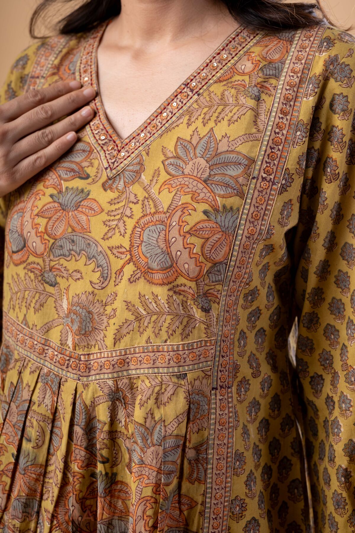 Image for Kusvaa Wkr328 Cheshta Handblock Cotton A Line Kurta Closeup
