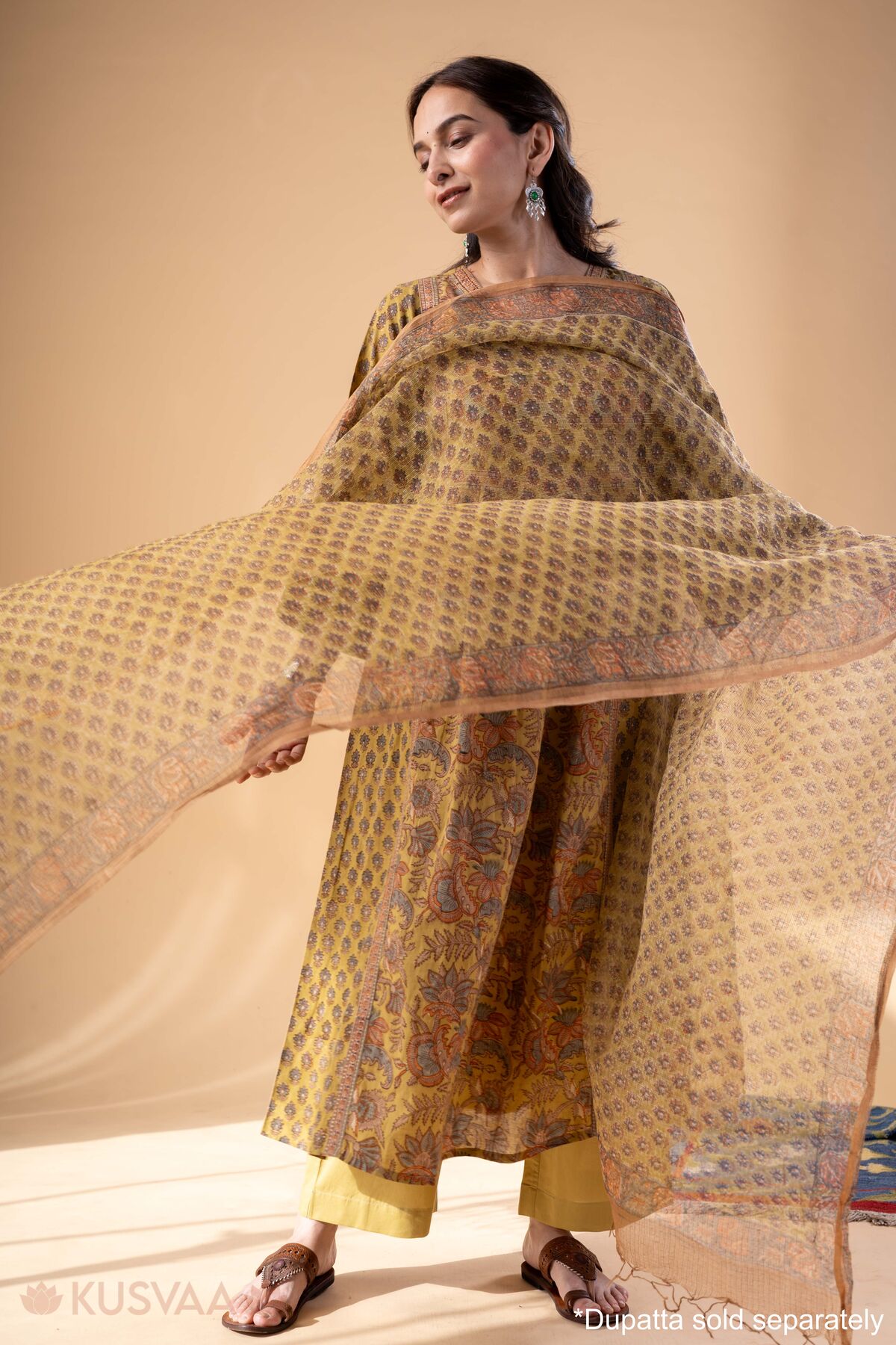 Image for Kusvaa Wkr328 Cheshta Handblock Cotton A Line Kurta Dupatta Front