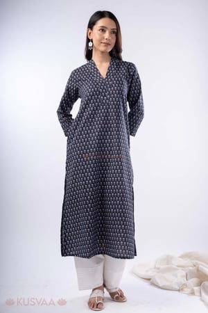 Image for Kusvaa Wkr339 Meera Cotton Blue Kurta With Pocket Front