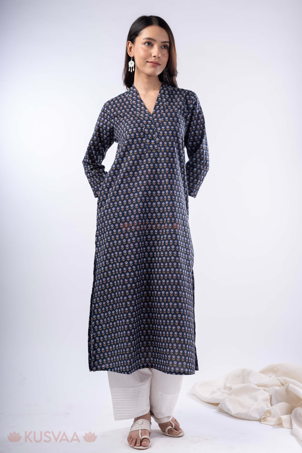 Image for Kusvaa Wkr339 Meera Cotton Blue Kurta With Pocket Front
