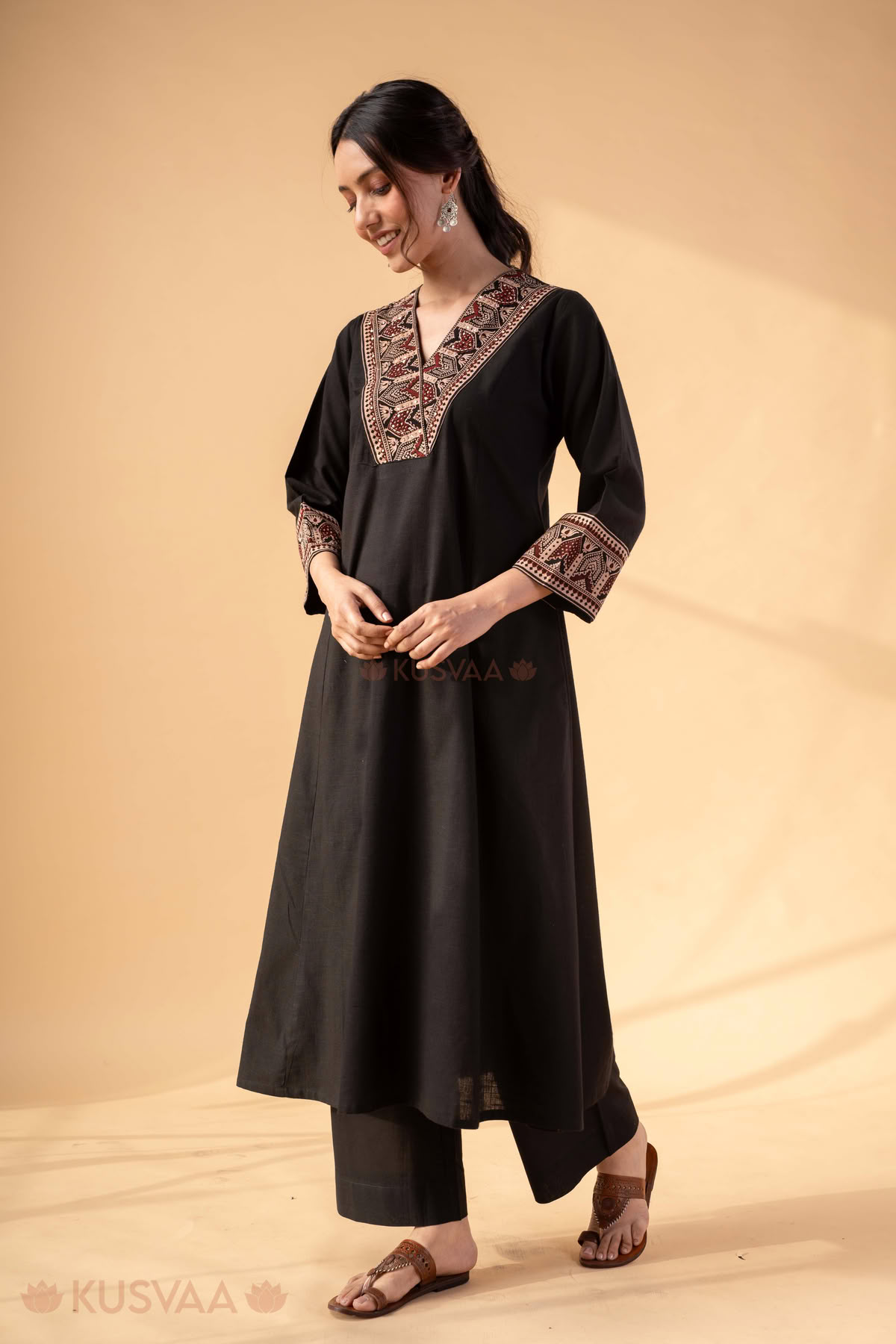 Image for Kusvaa Wkr340 Navya Handloom Cotton Black Kurta Front