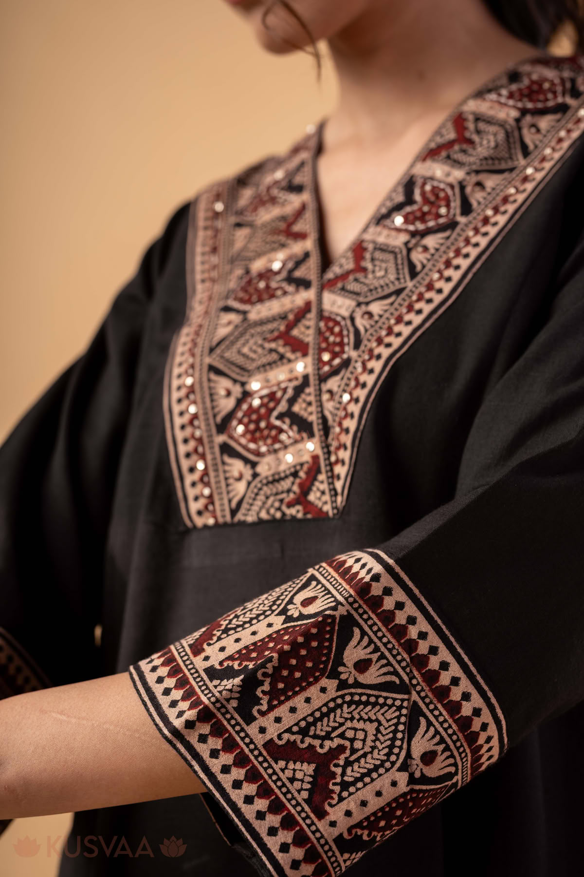 Image for Kusvaa Wkr340 Navya Handloom Cotton Black Kurta Sleeves
