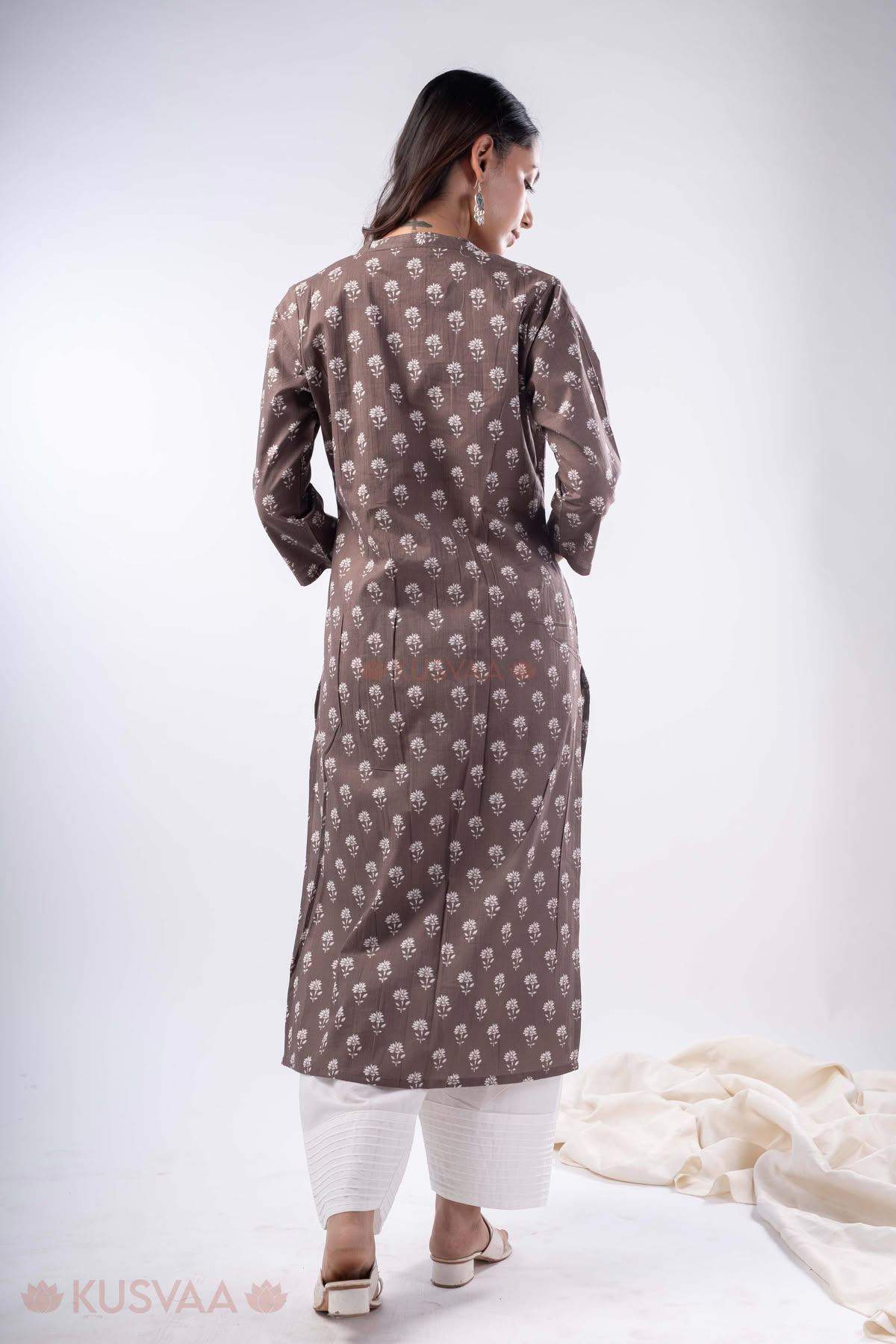 Image for Kusvaa Wkr341 Mahi Cotton Brown A Line Kurta Back