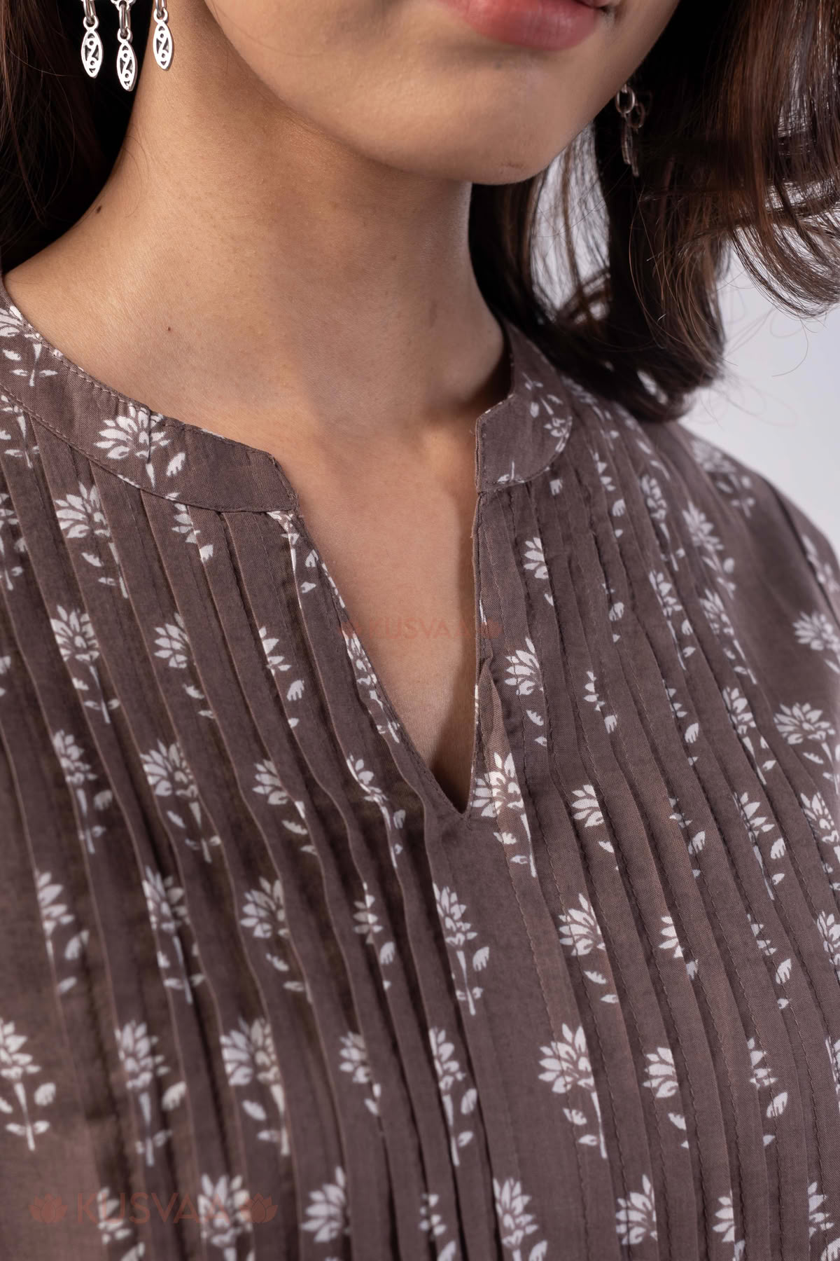 Image for Kusvaa Wkr341 Mahi Cotton Brown A Line Kurta Closeup