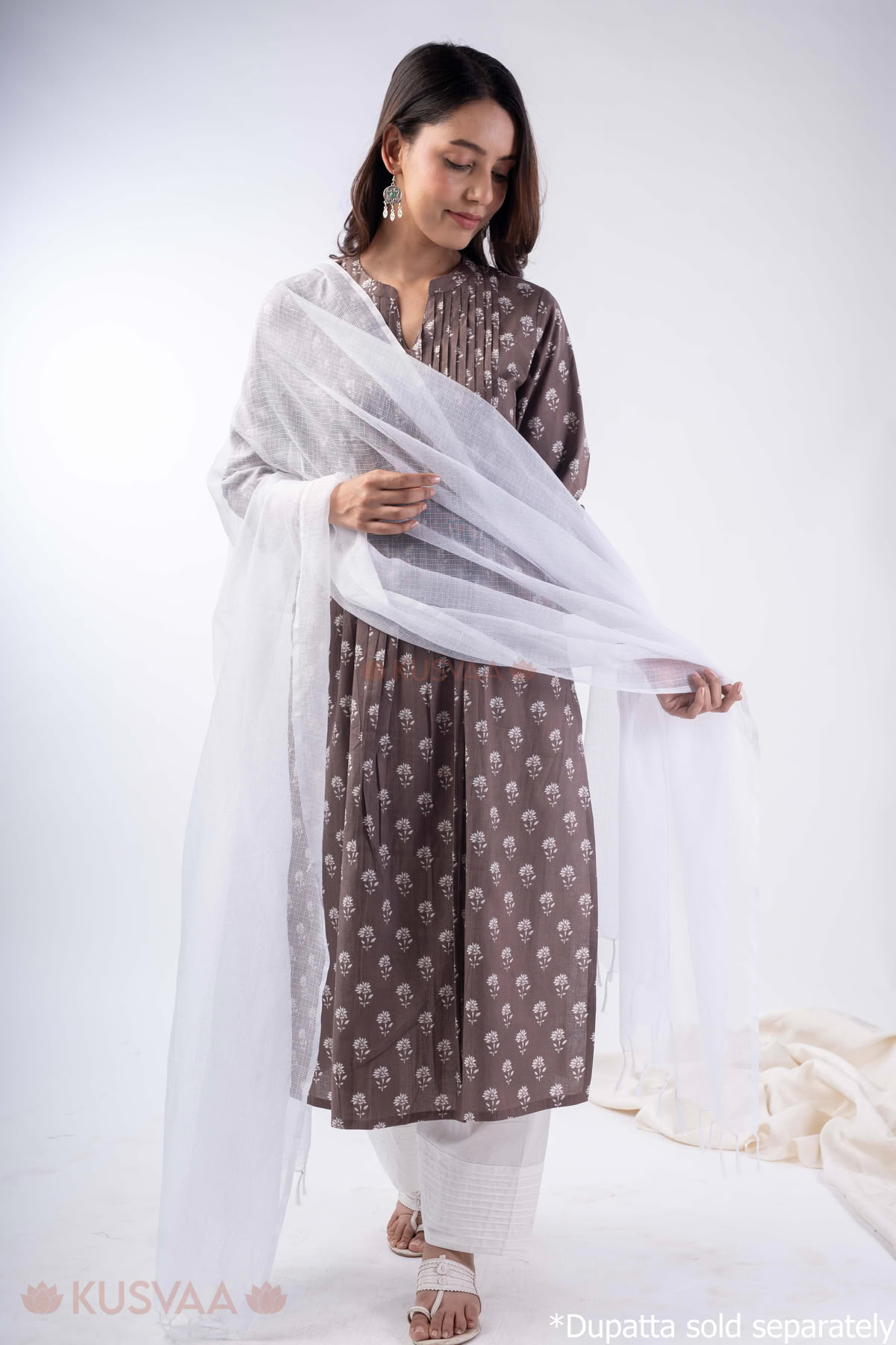 Image for Kusvaa Wkr341 Mahi Cotton Brown A Line Kurta Dupatta Featured